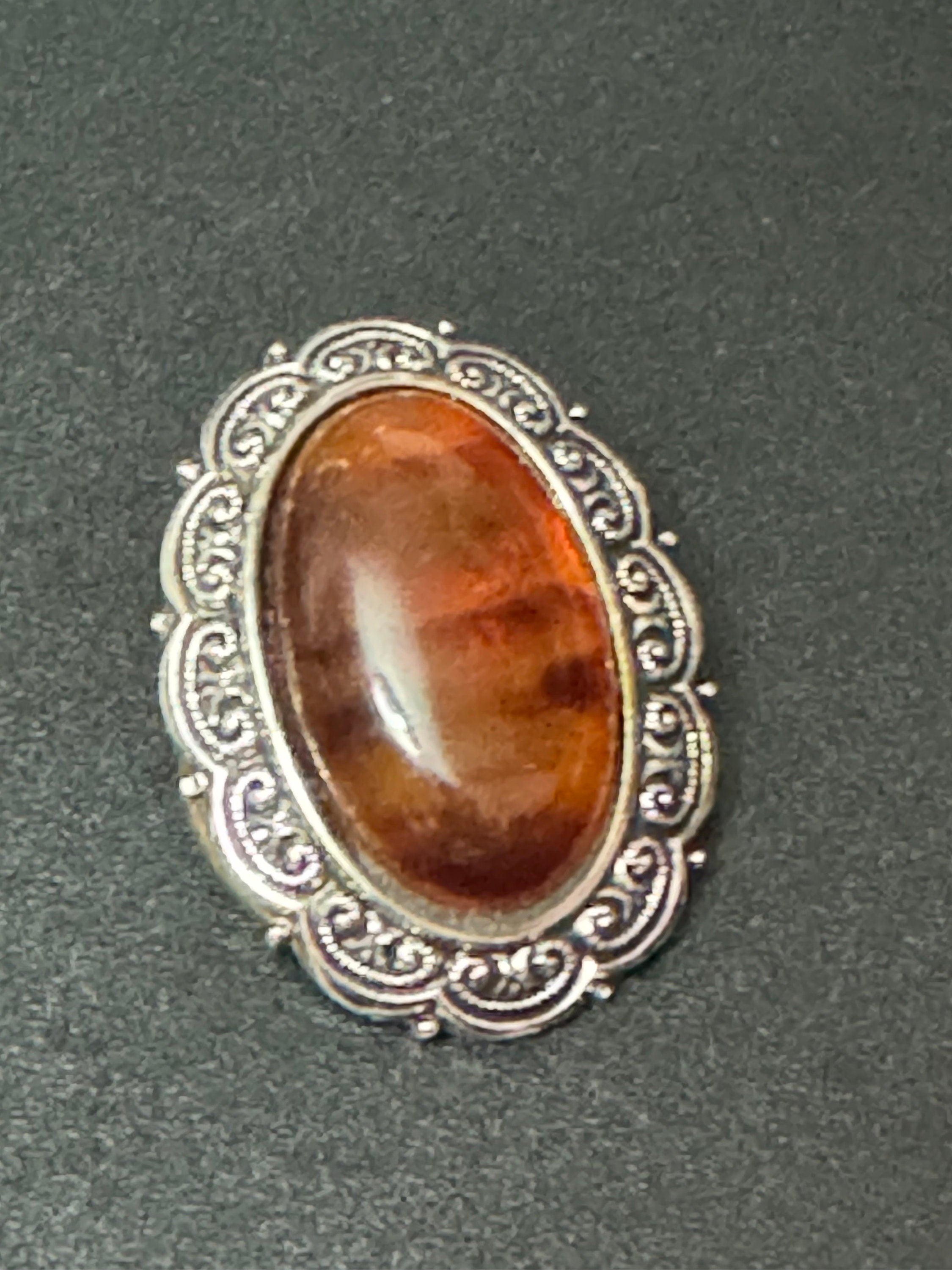 Vintage German Silver Tone brown faux tortoiseshell lucite oval cabochon scarf clip Ring 1960s