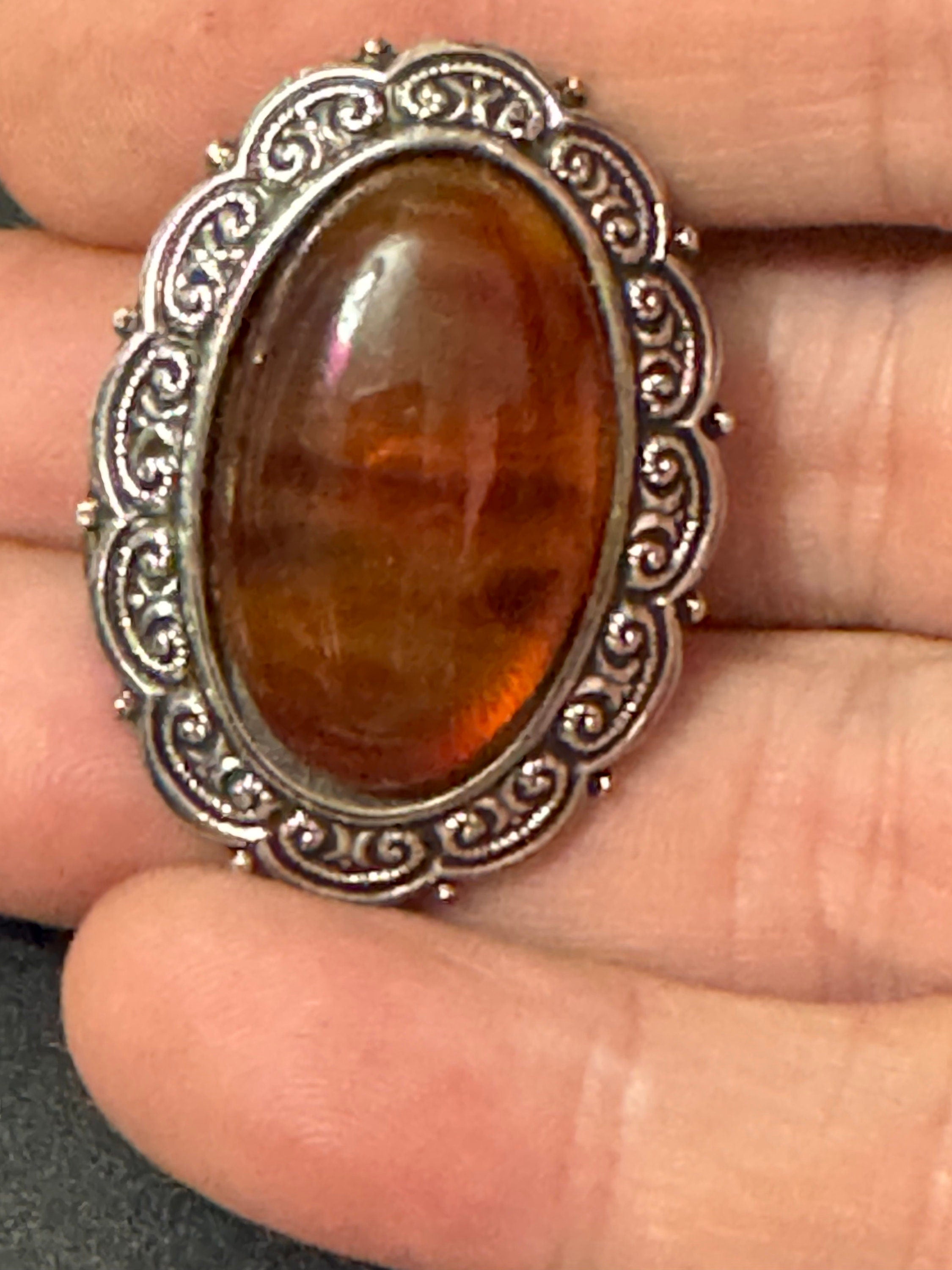 Vintage German Silver Tone brown faux tortoiseshell lucite oval cabochon scarf clip Ring 1960s