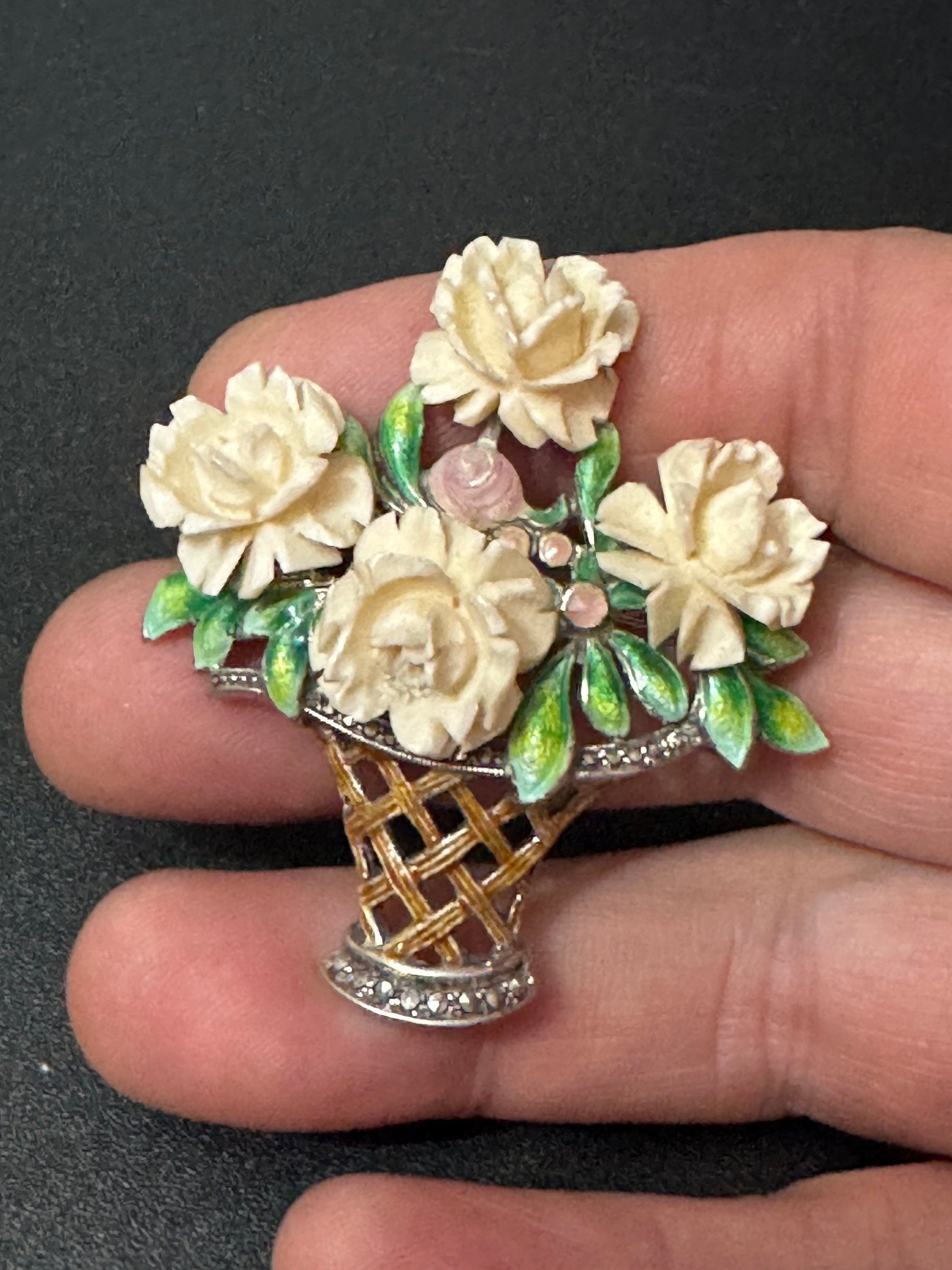 XL Early Plastic Celluloid Art Deco cream early plastic resin floral rose with green enamel leaves chrome metal brooch