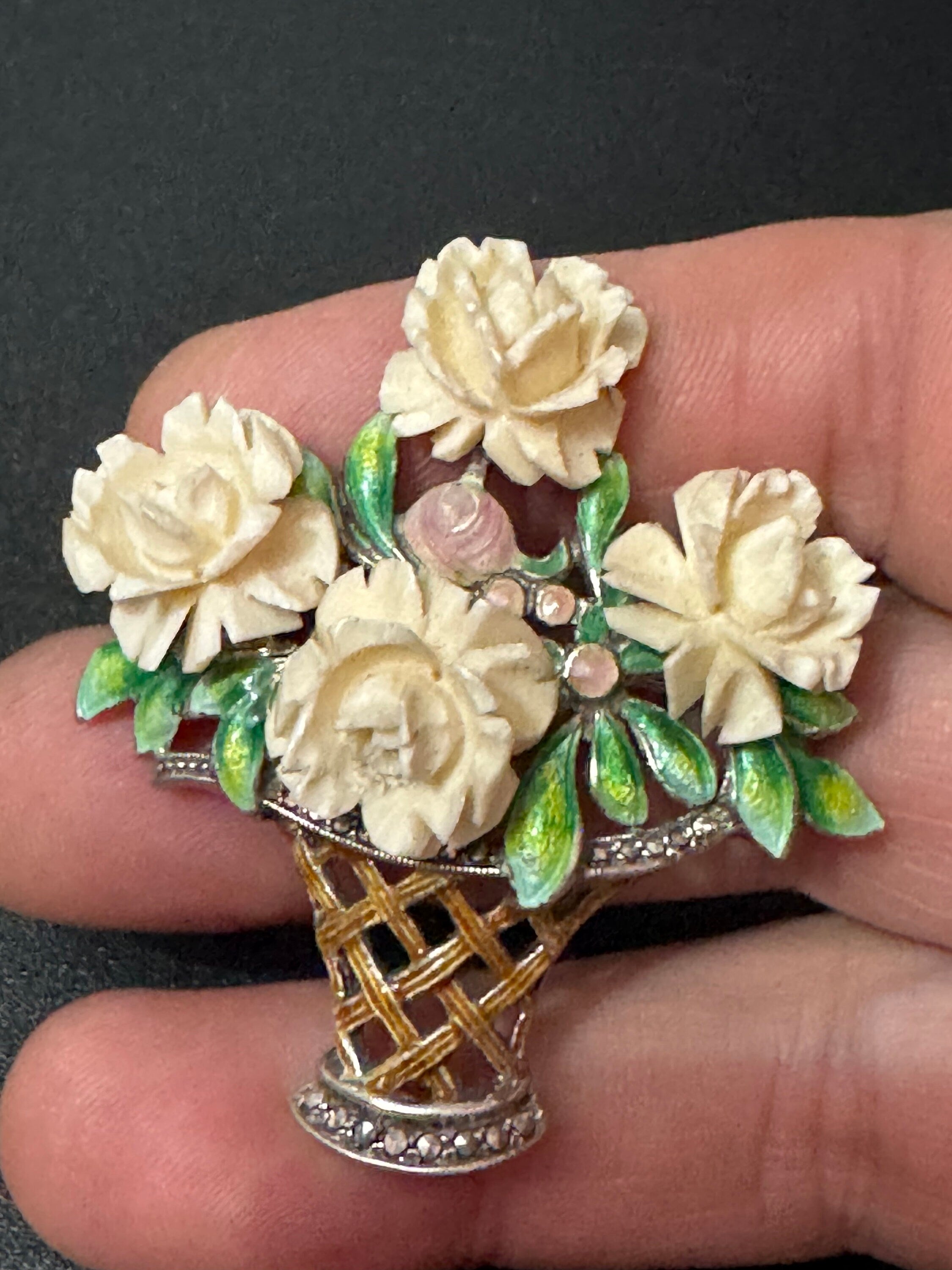 XL Early Plastic Celluloid Art Deco cream early plastic resin floral rose with green enamel leaves chrome metal brooch