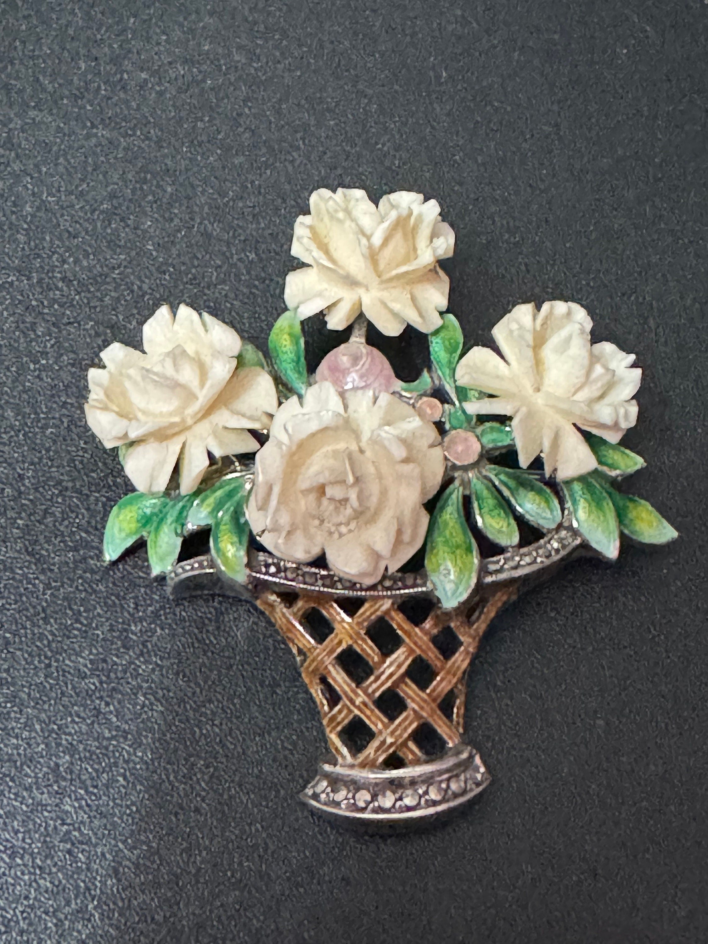 XL Early Plastic Celluloid Art Deco cream early plastic resin floral rose with green enamel leaves chrome metal brooch