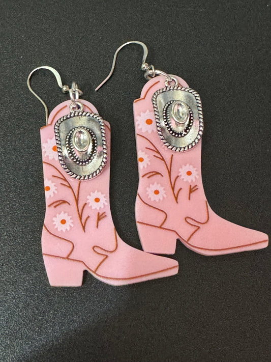 pink cowboy boot and cowgirl hat long dangly earrings silver tone dolly disco western jewellery