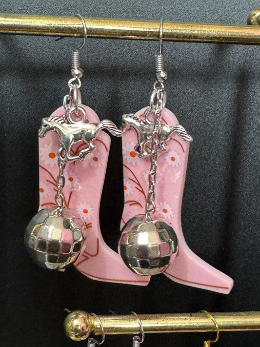 pink cowboy boot and horse and disco ball long dangly earrings silver tone dolly disco western jewellery