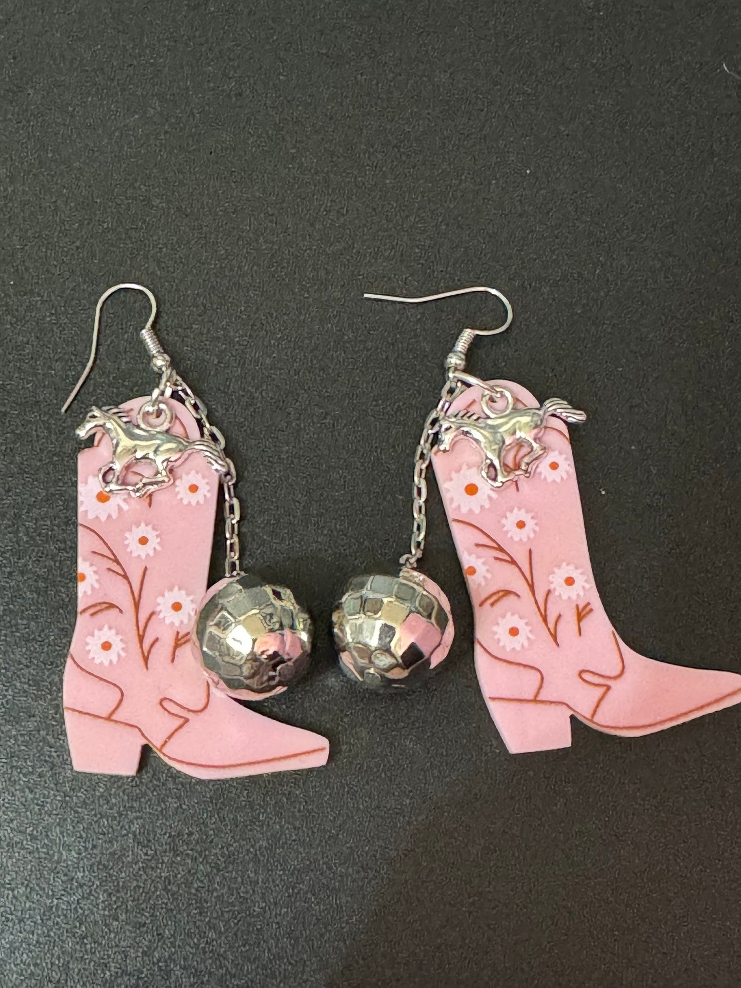 pink cowboy boot and horse and disco ball long dangly earrings silver tone dolly disco western jewellery