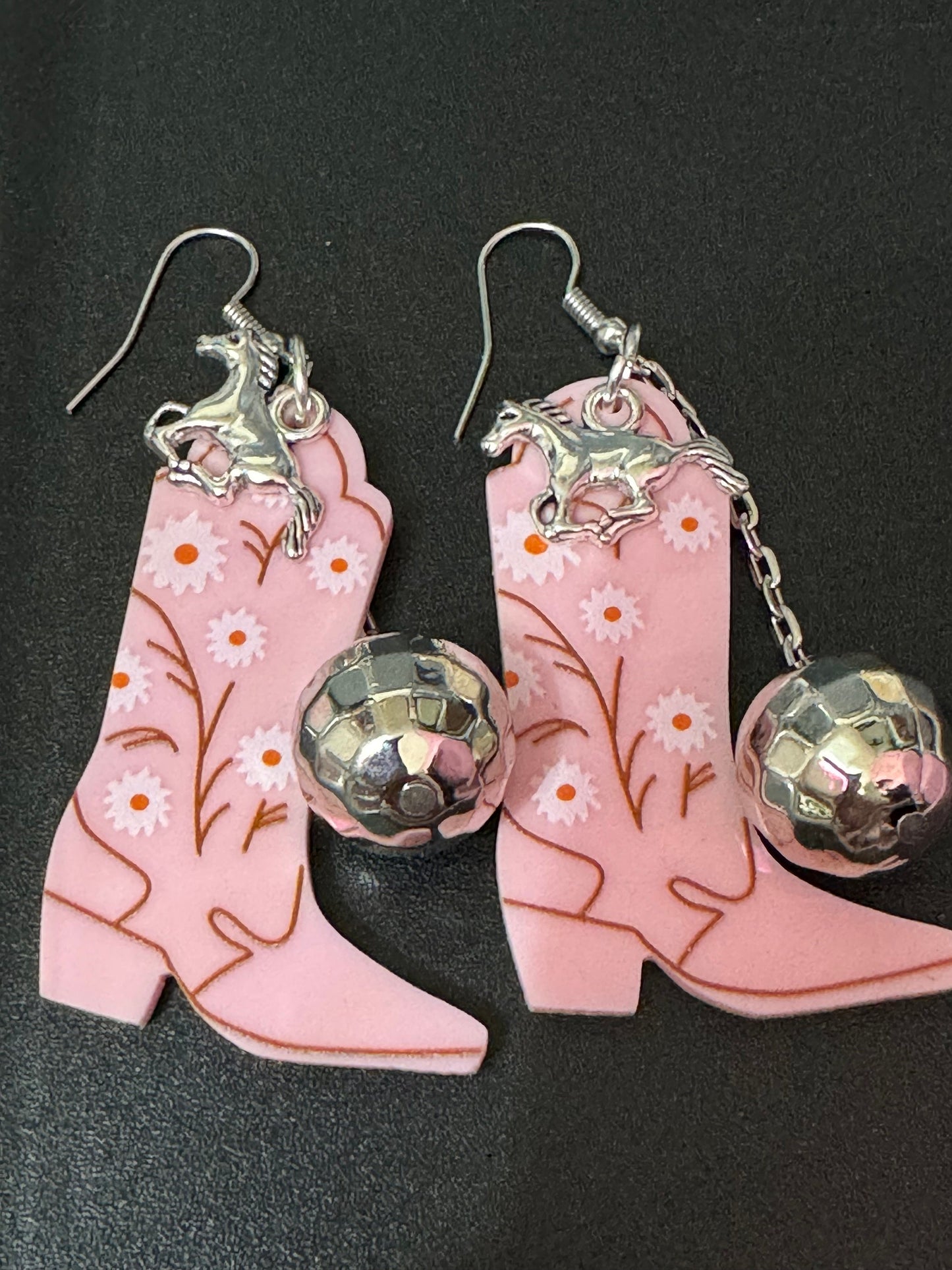 pink cowboy boot and horse and disco ball long dangly earrings silver tone dolly disco western jewellery