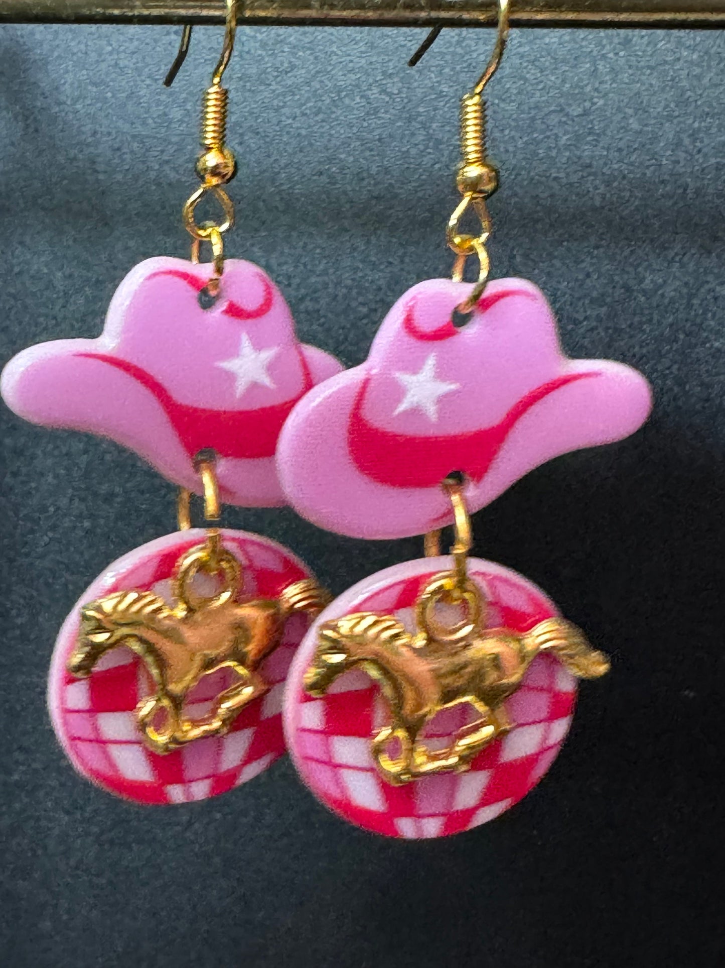 Dolly disco ball earrings pink cowboy cowgirl hat and horse long dangly gold tone Yellowstone jewellery