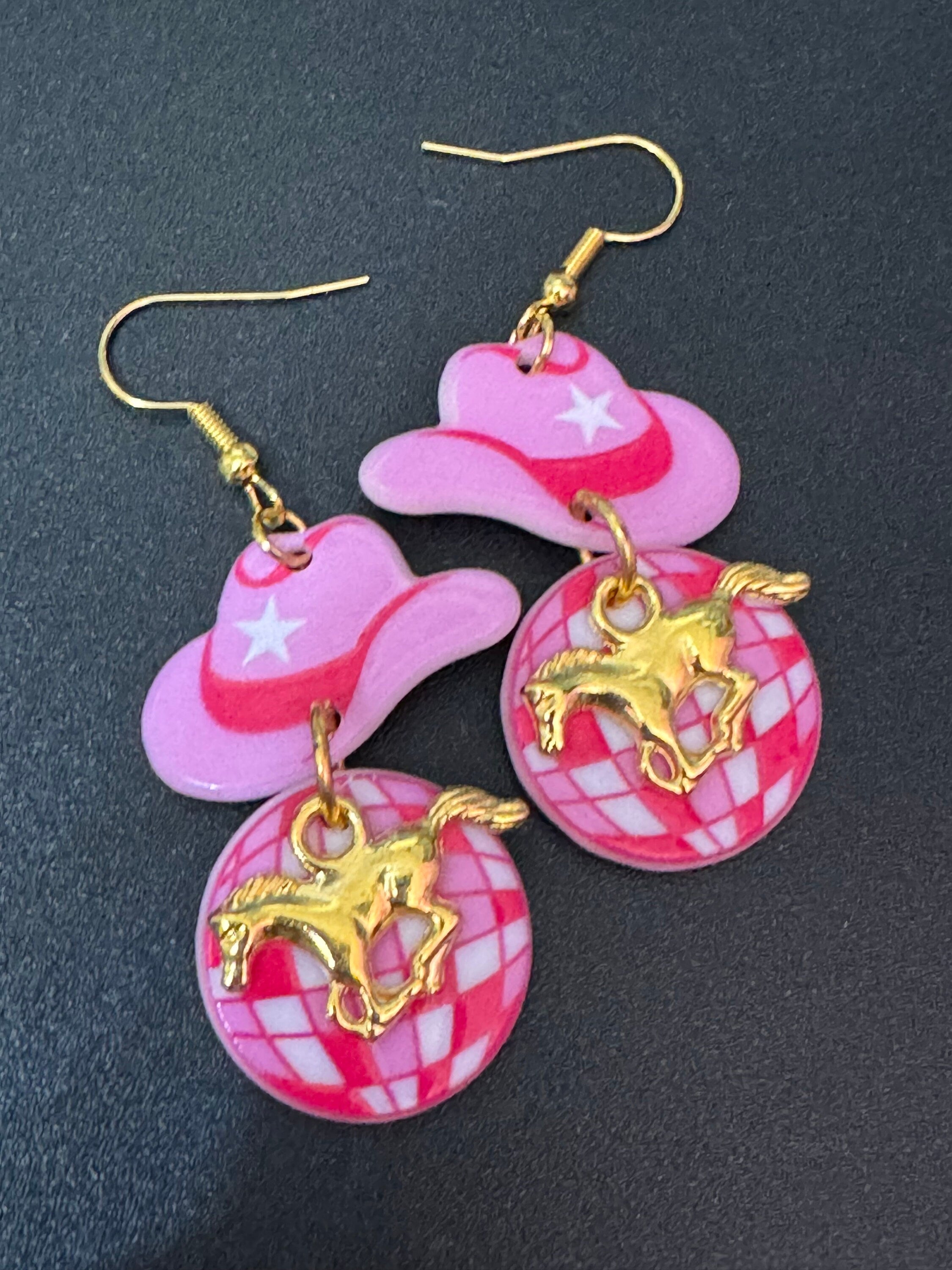 Dolly disco ball earrings pink cowboy cowgirl hat and horse long dangly gold tone Yellowstone jewellery