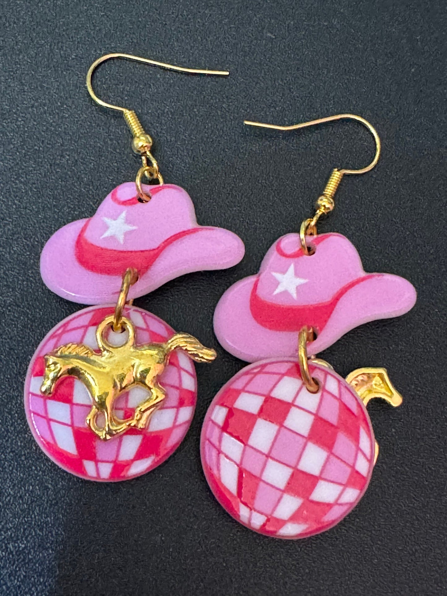 Dolly disco ball earrings pink cowboy cowgirl hat and horse long dangly gold tone Yellowstone jewellery