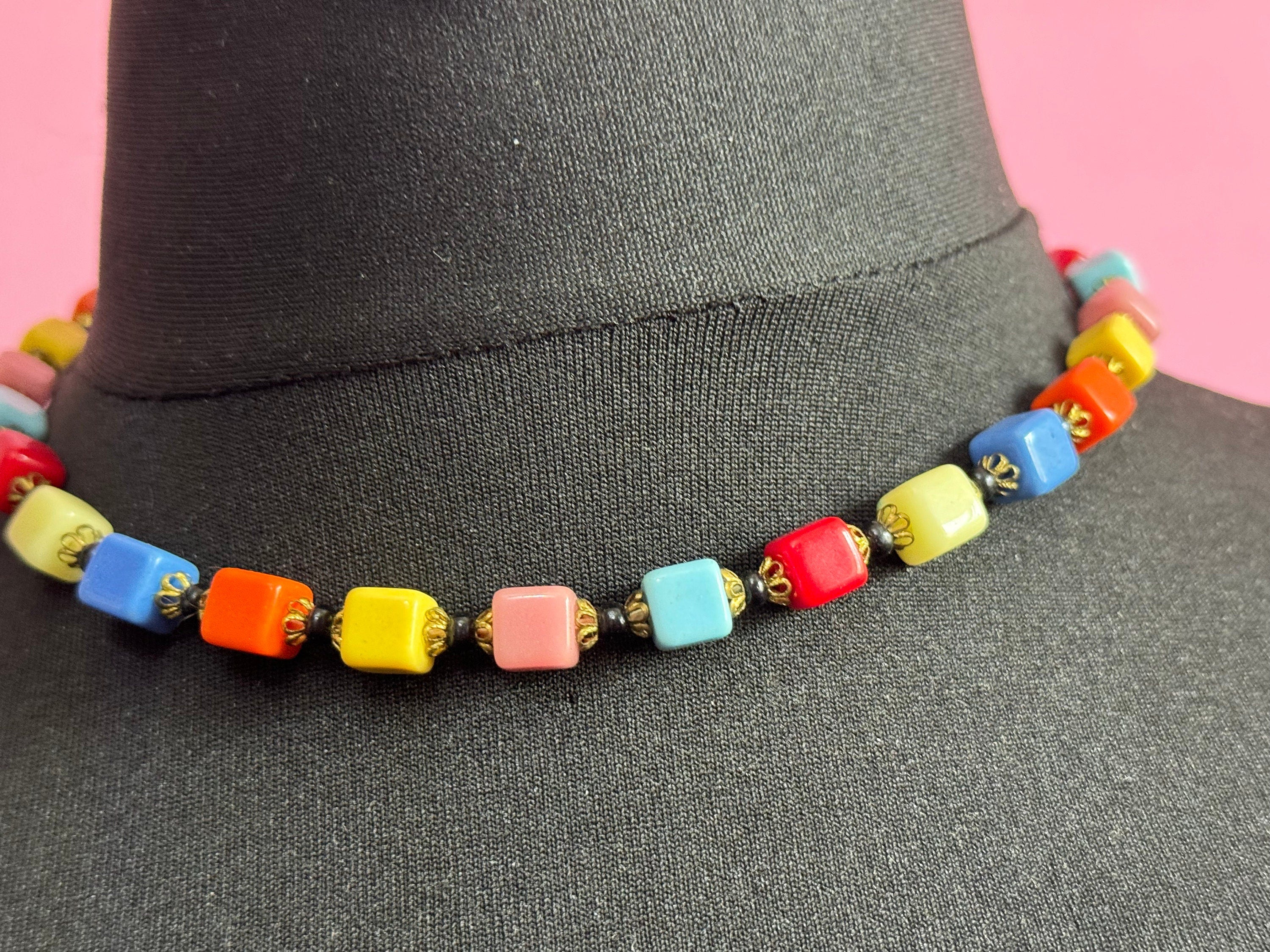 Vintage ceramic harlequin square beaded necklace rainbow red pink blue green yellow  beads  44cm