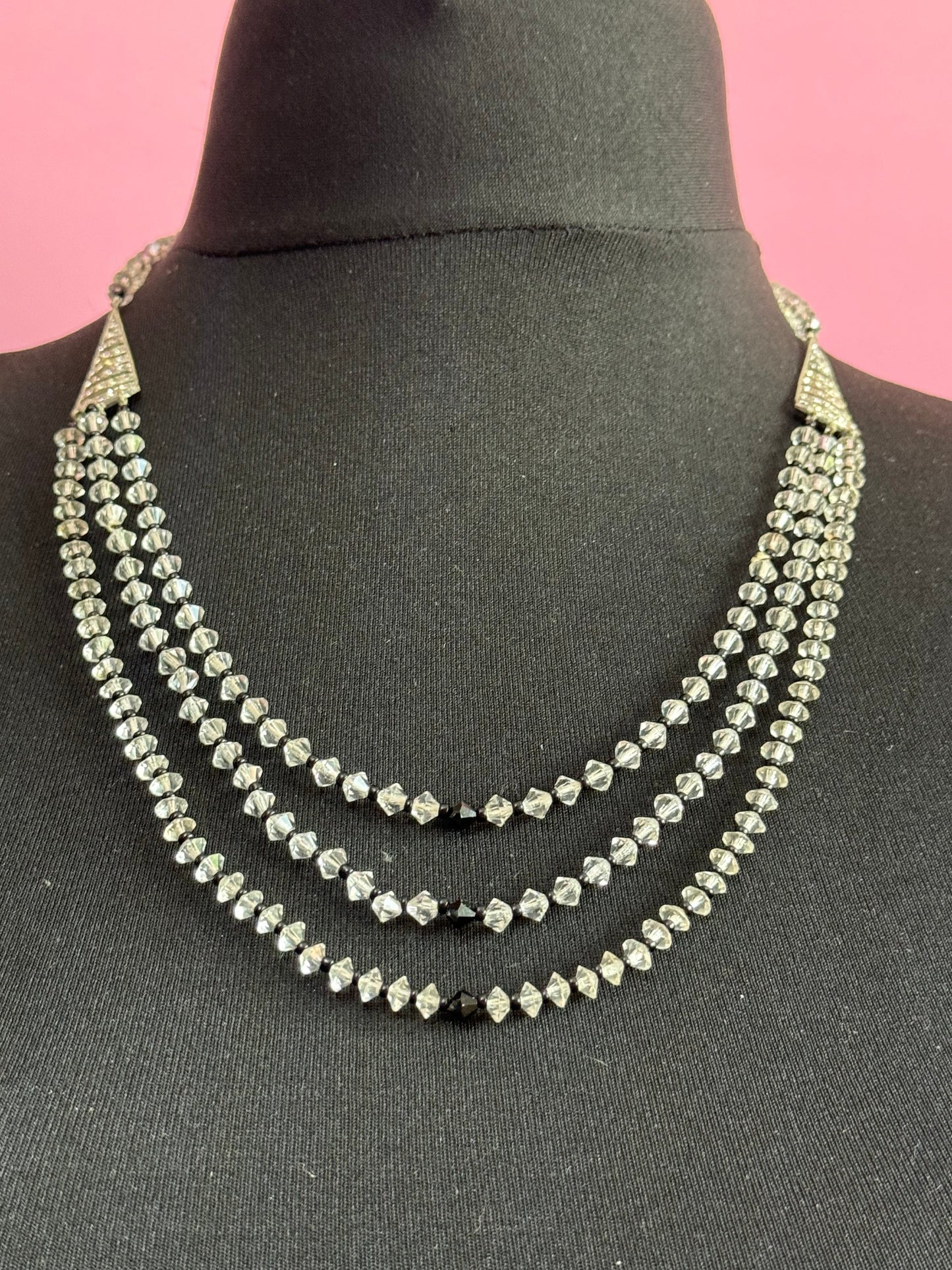 high end 100cm flapper length black glass beaded necklace with diamanté sphere beads art deco style mid century