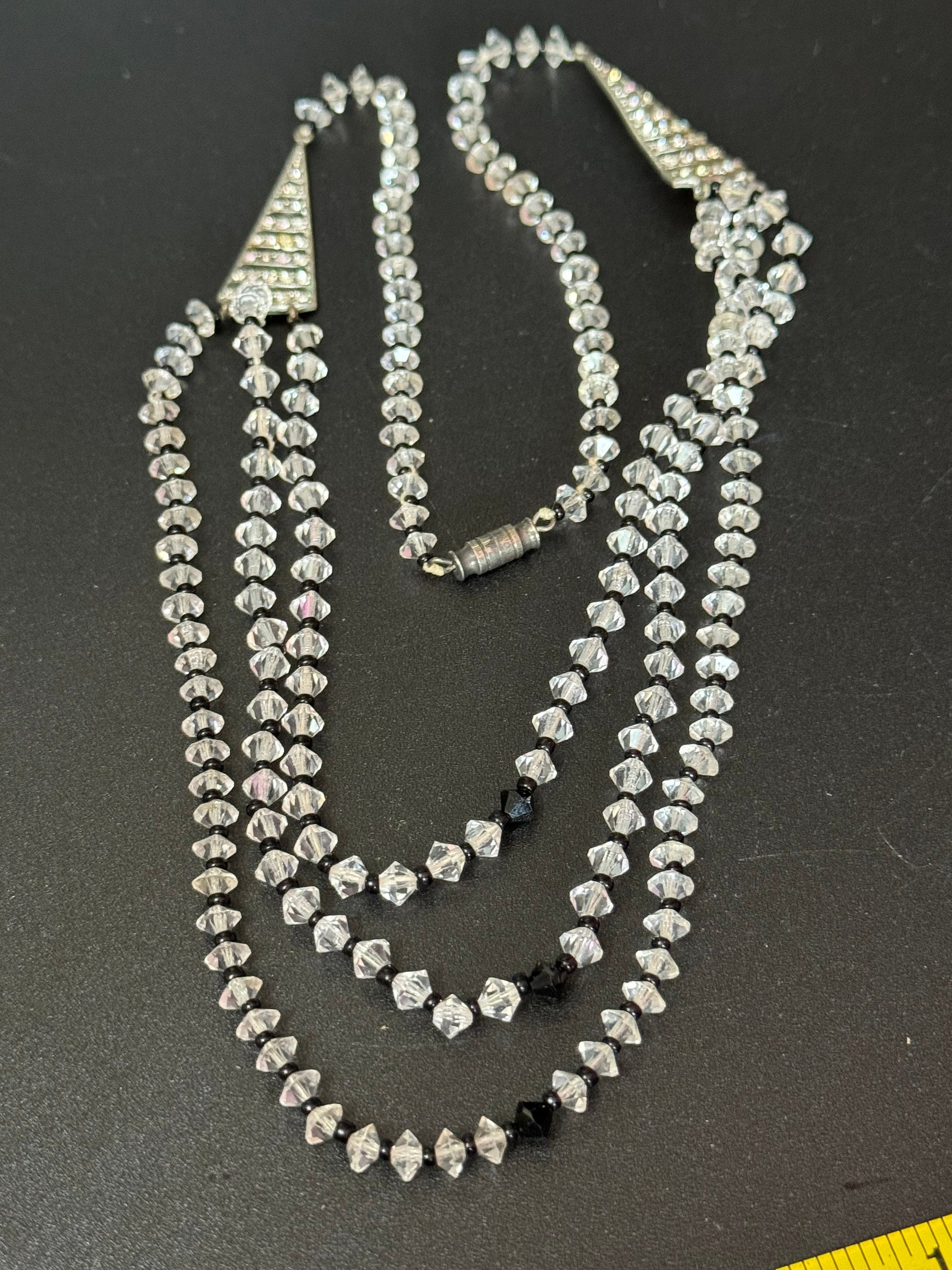 Antique art deco dainty 3 row clear diamante crystal necklace Petite 1950s black and clear glass