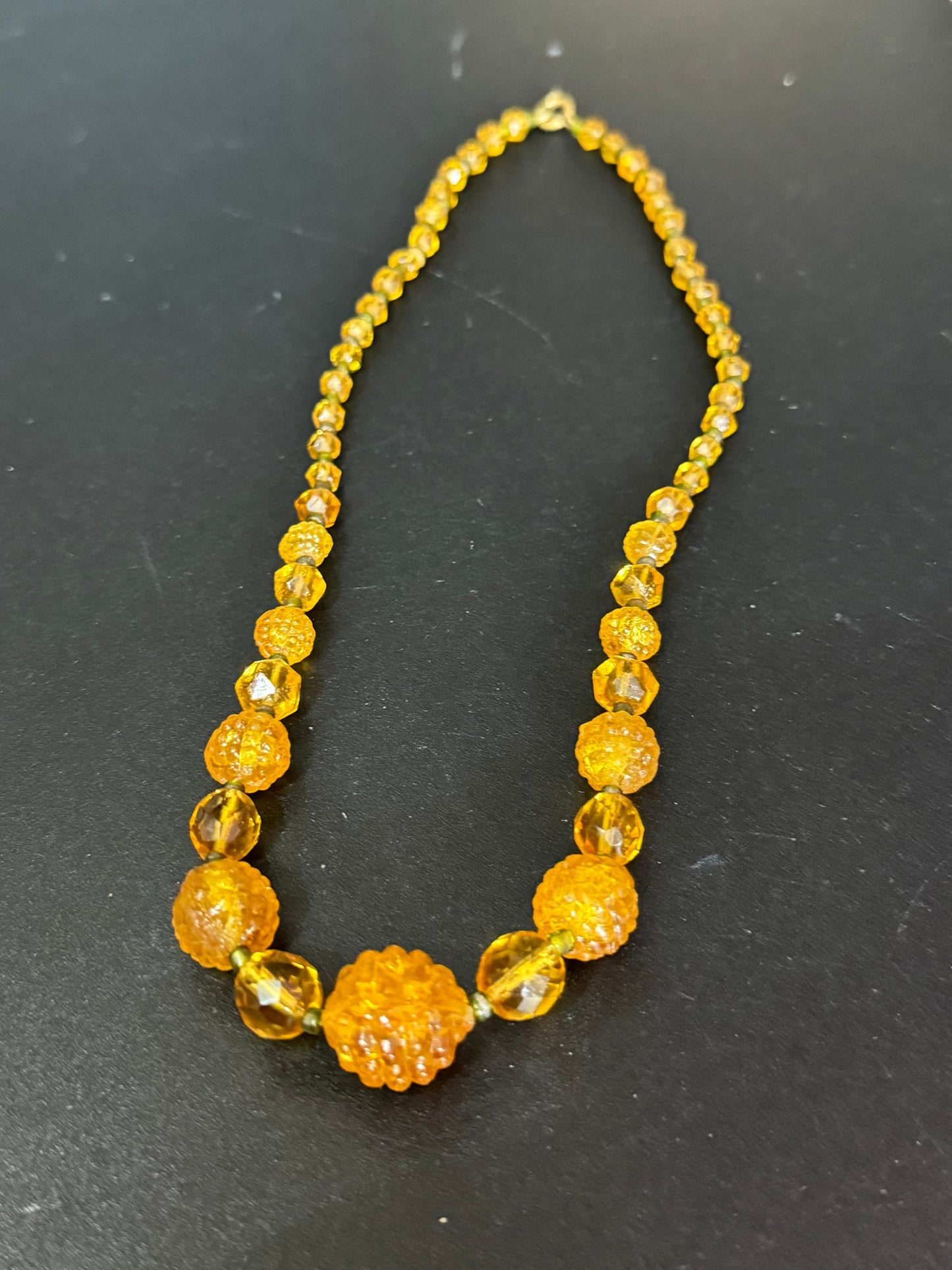 Antique soft pale amber orange citrine coloured glass moulded crystal Art Deco beaded necklace 1920s 1930s gatsby 42.5cm