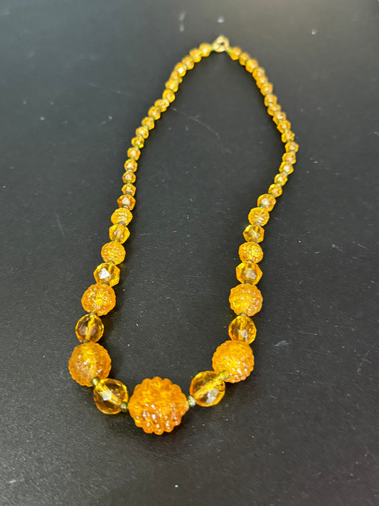 Antique soft pale amber orange citrine coloured glass moulded crystal Art Deco beaded necklace 1920s 1930s gatsby 42.5cm