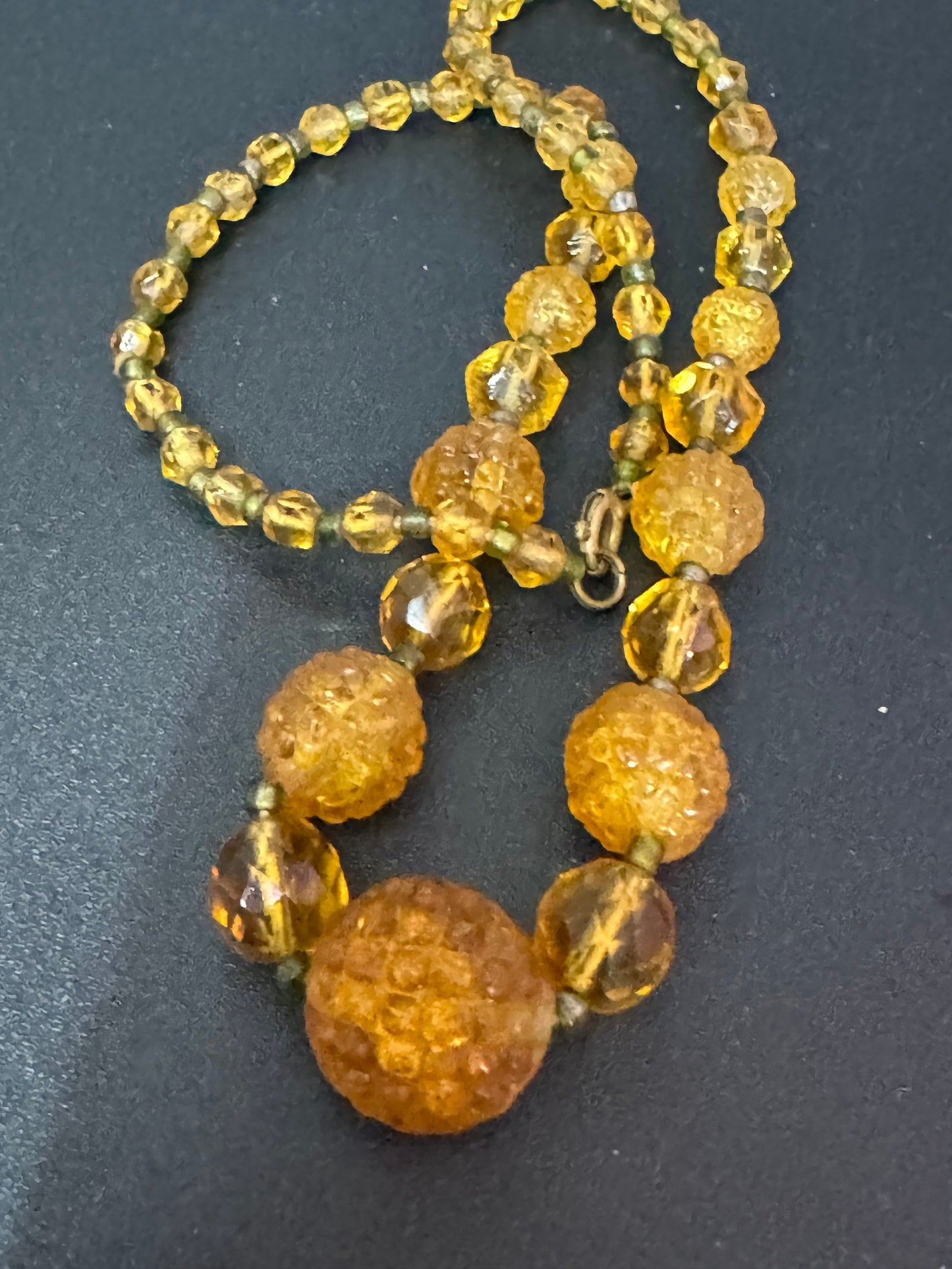 Antique soft pale amber orange citrine coloured glass moulded crystal Art Deco beaded necklace 1920s 1930s gatsby