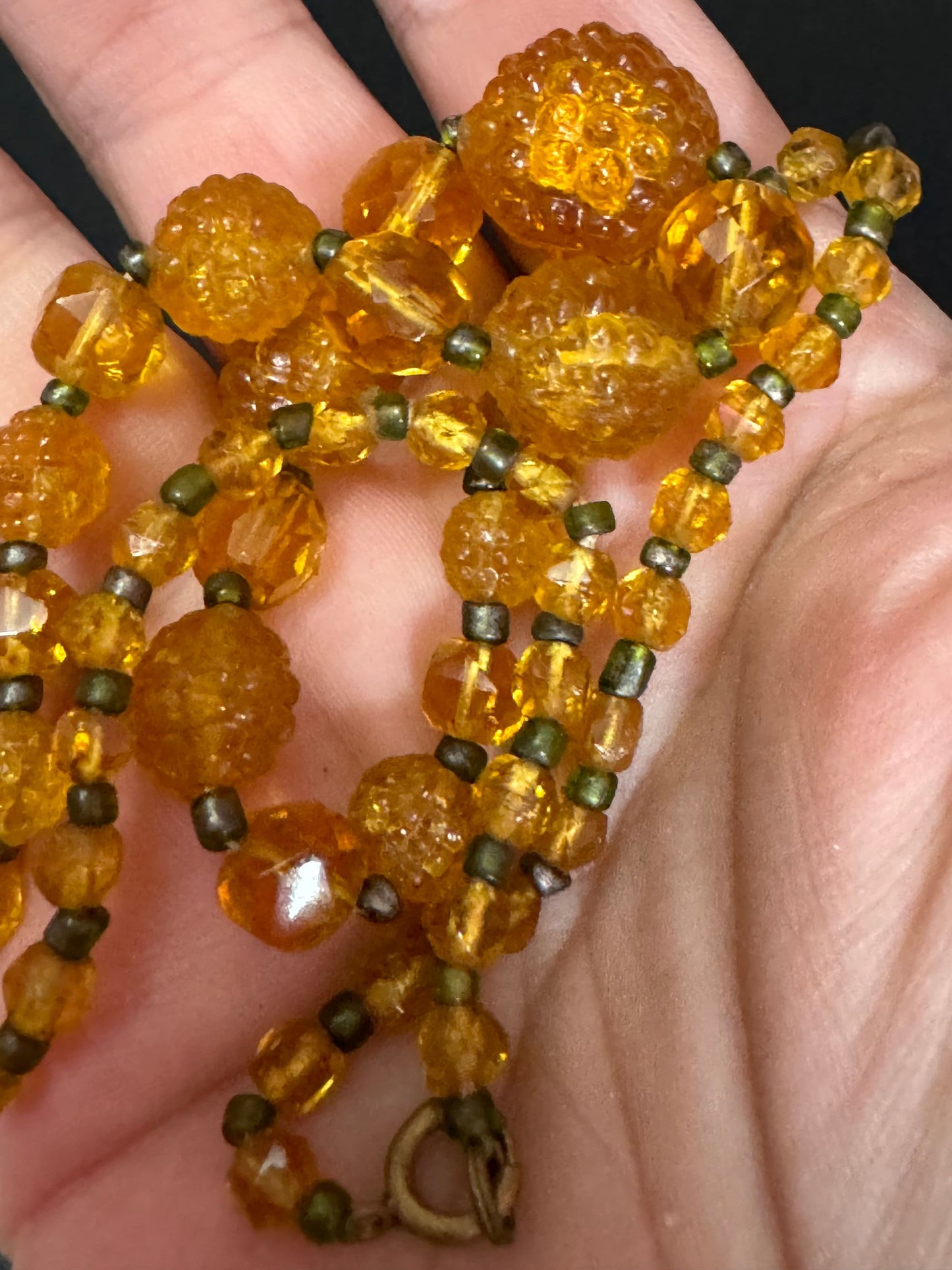 Antique soft pale amber orange citrine coloured glass moulded crystal Art Deco beaded necklace 1920s 1930s gatsby