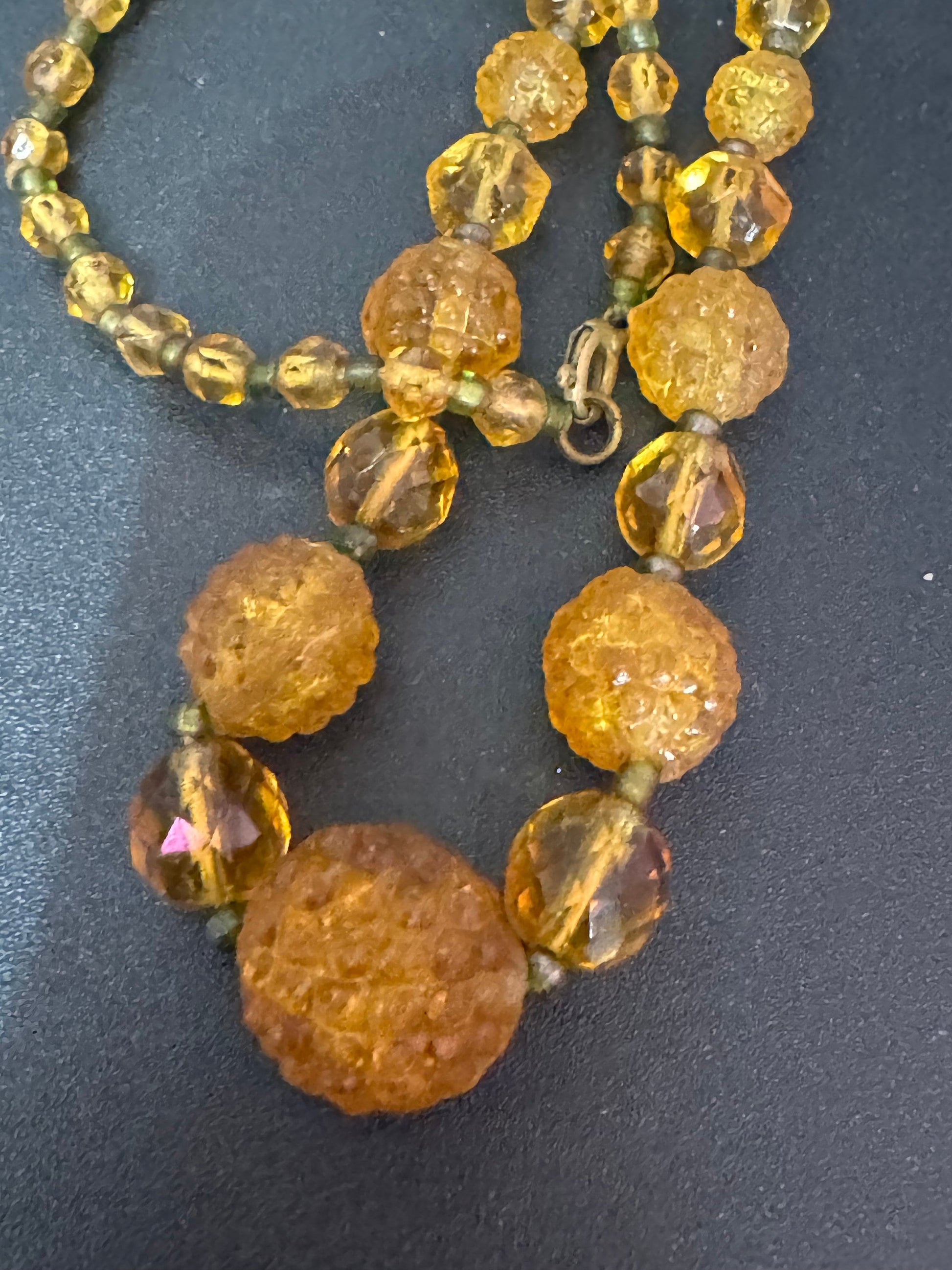 Antique soft pale amber orange citrine coloured glass moulded crystal Art Deco beaded necklace 1920s 1930s gatsby