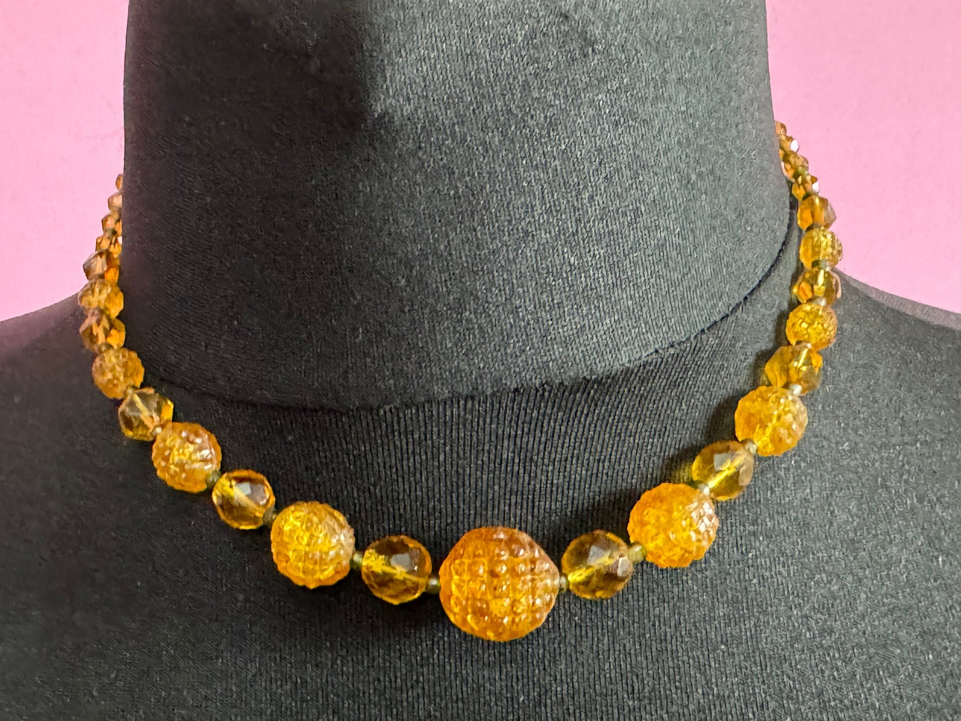 Antique soft pale amber orange citrine coloured glass moulded crystal Art Deco beaded necklace 1920s 1930s gatsby