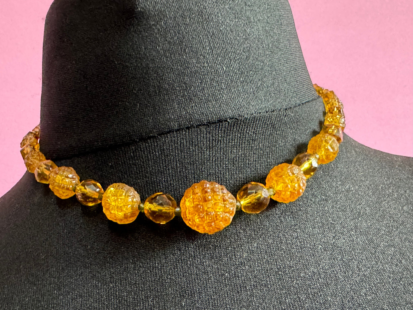 Antique soft pale amber orange citrine coloured glass moulded crystal Art Deco beaded necklace 1920s 1930s gatsby