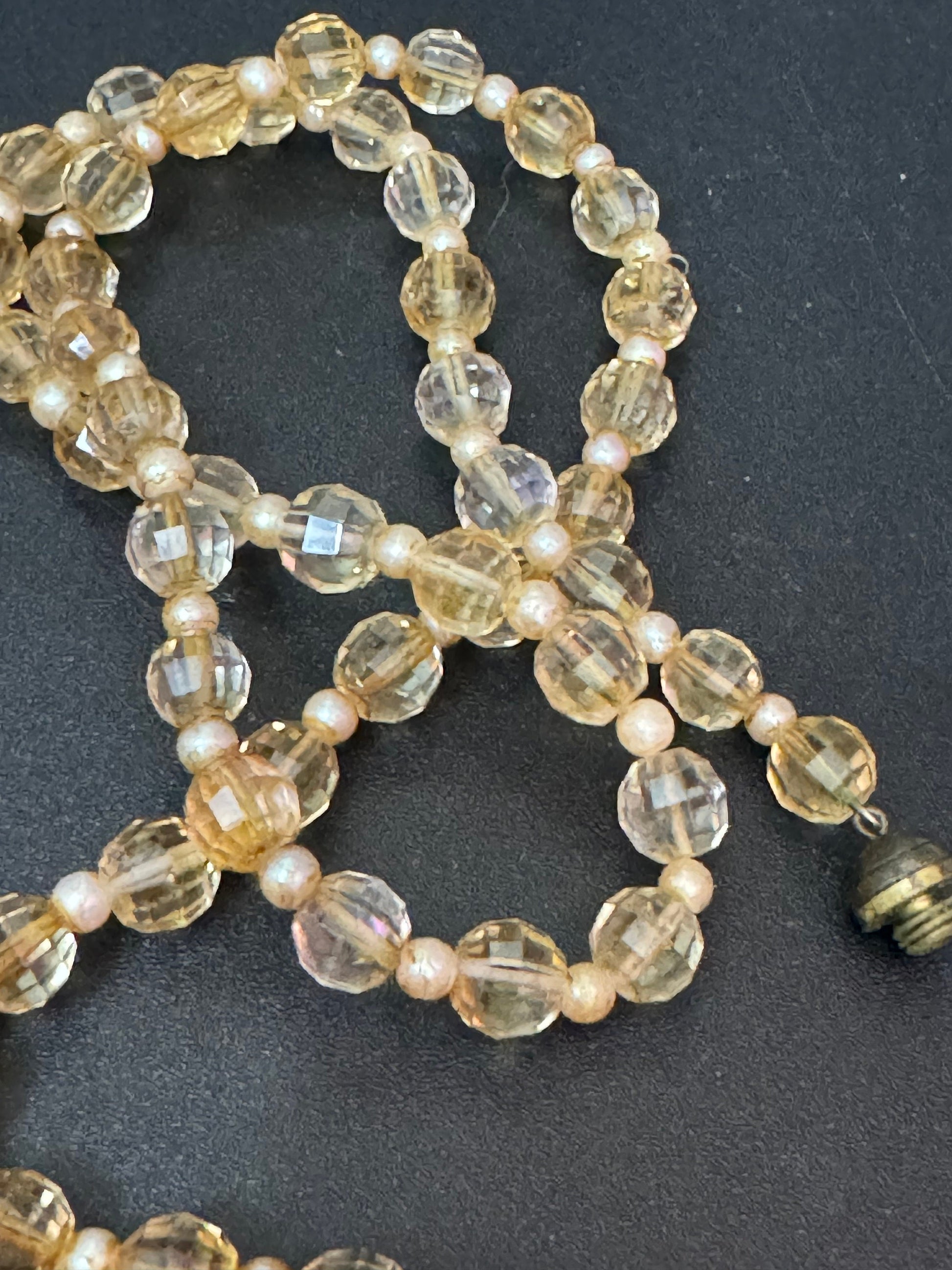 Antique soft pale orange yellow citrine coloured glass faceted crystal Art Deco beaded necklace 1920s 1930s