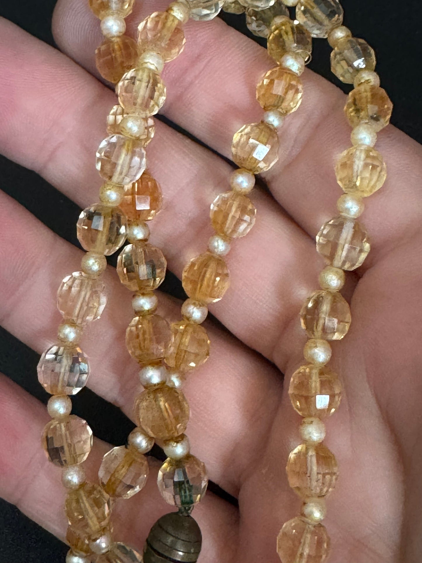 Antique soft pale orange yellow citrine coloured glass faceted crystal Art Deco beaded necklace 1920s 1930s