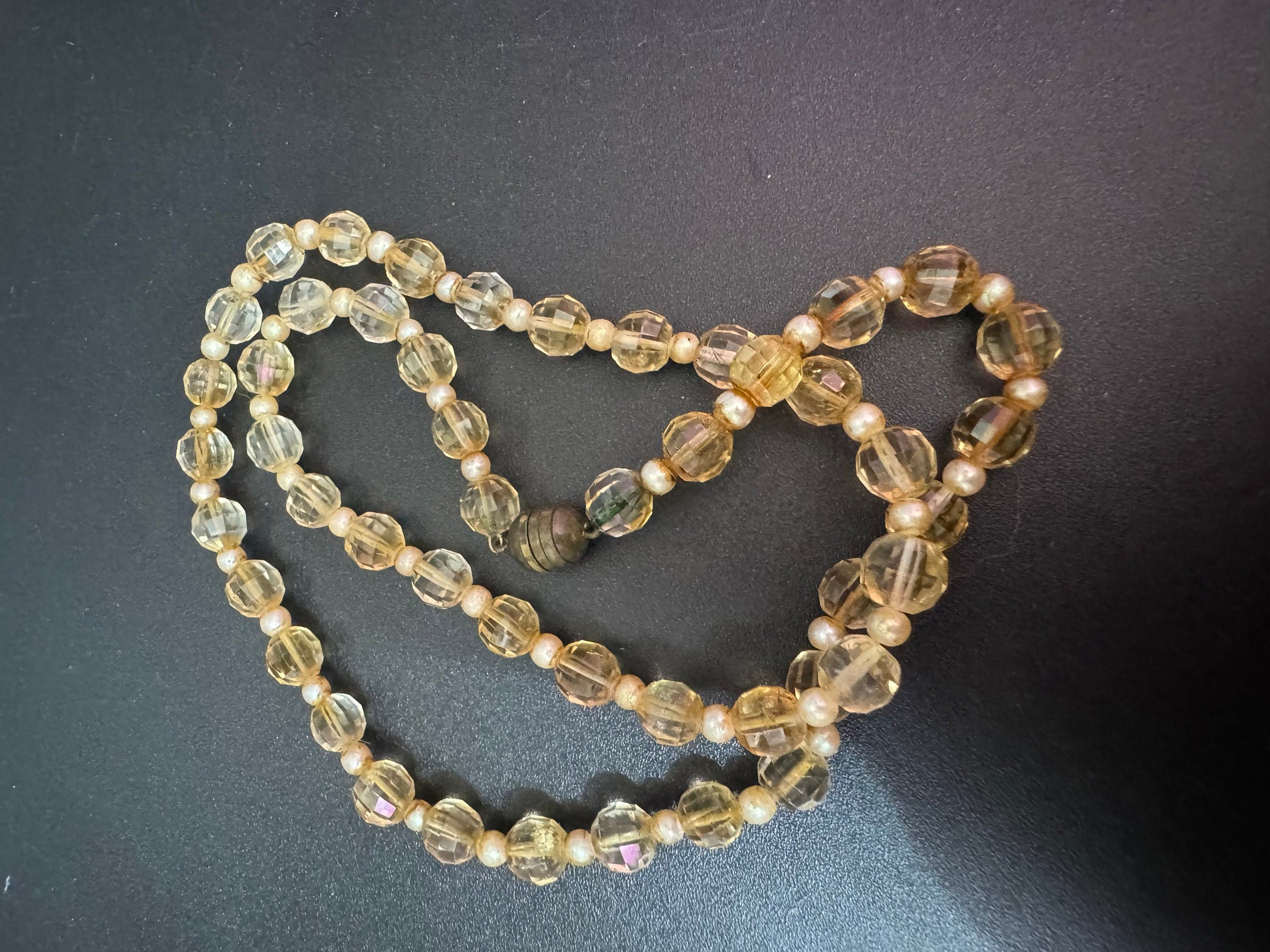 Antique soft pale orange yellow citrine coloured glass faceted crystal Art Deco beaded necklace 1920s 1930s