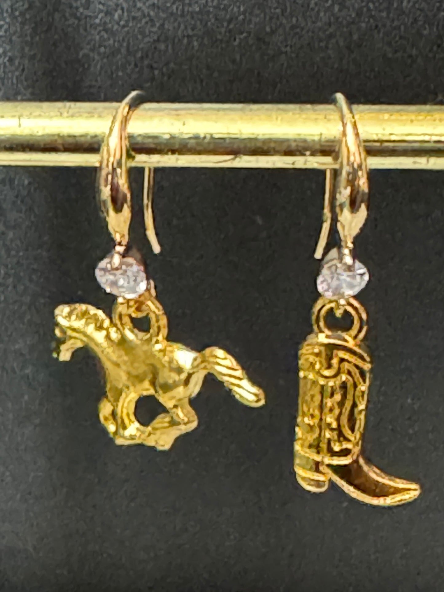 18k gold plated earwires  mismatched diamanté cowboy boot and horse dangly earrings Yellowstone Texas jewellery pierced