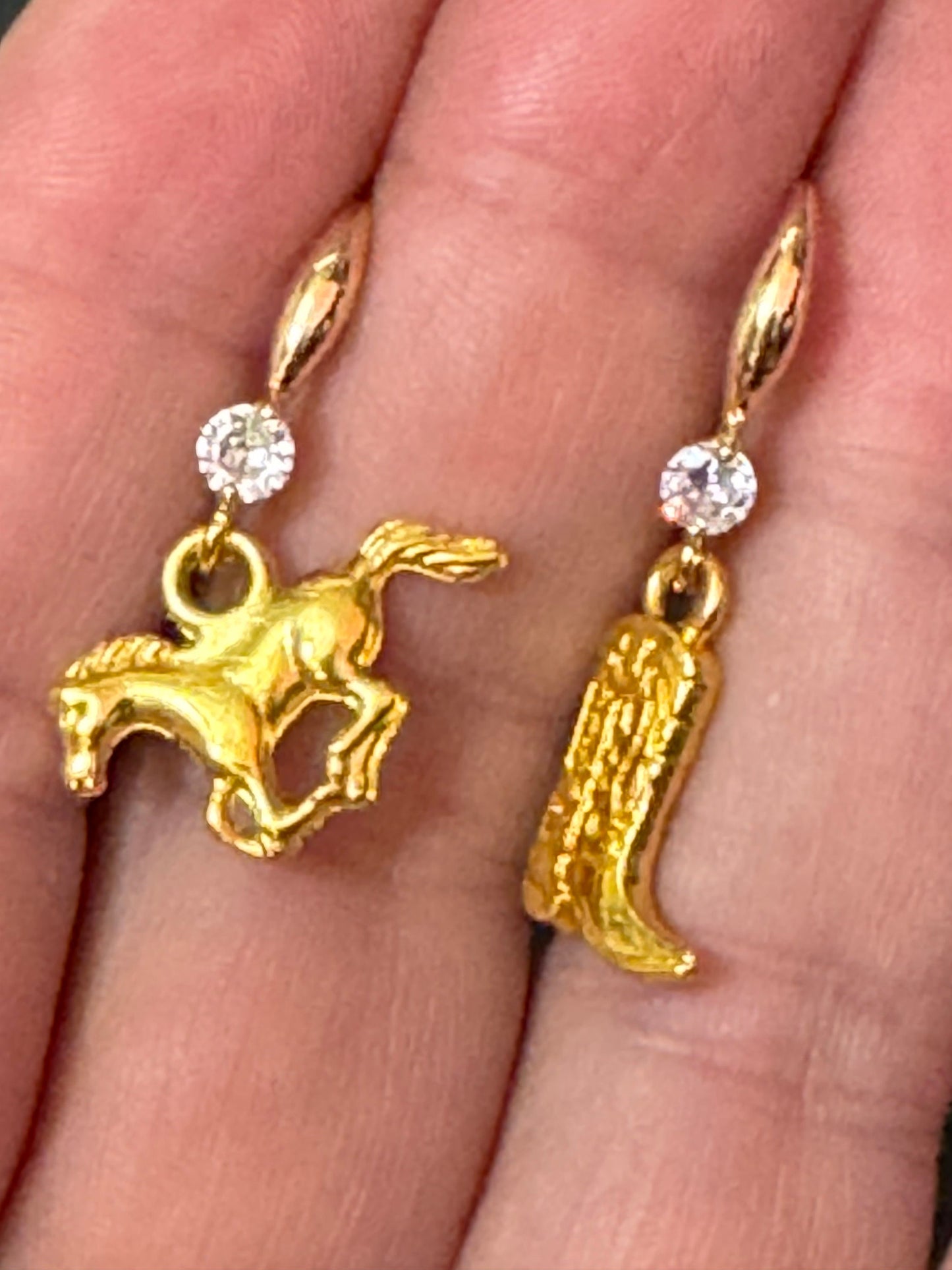 18k gold plated earwires  mismatched diamanté cowboy boot and horse dangly earrings Yellowstone Texas jewellery pierced