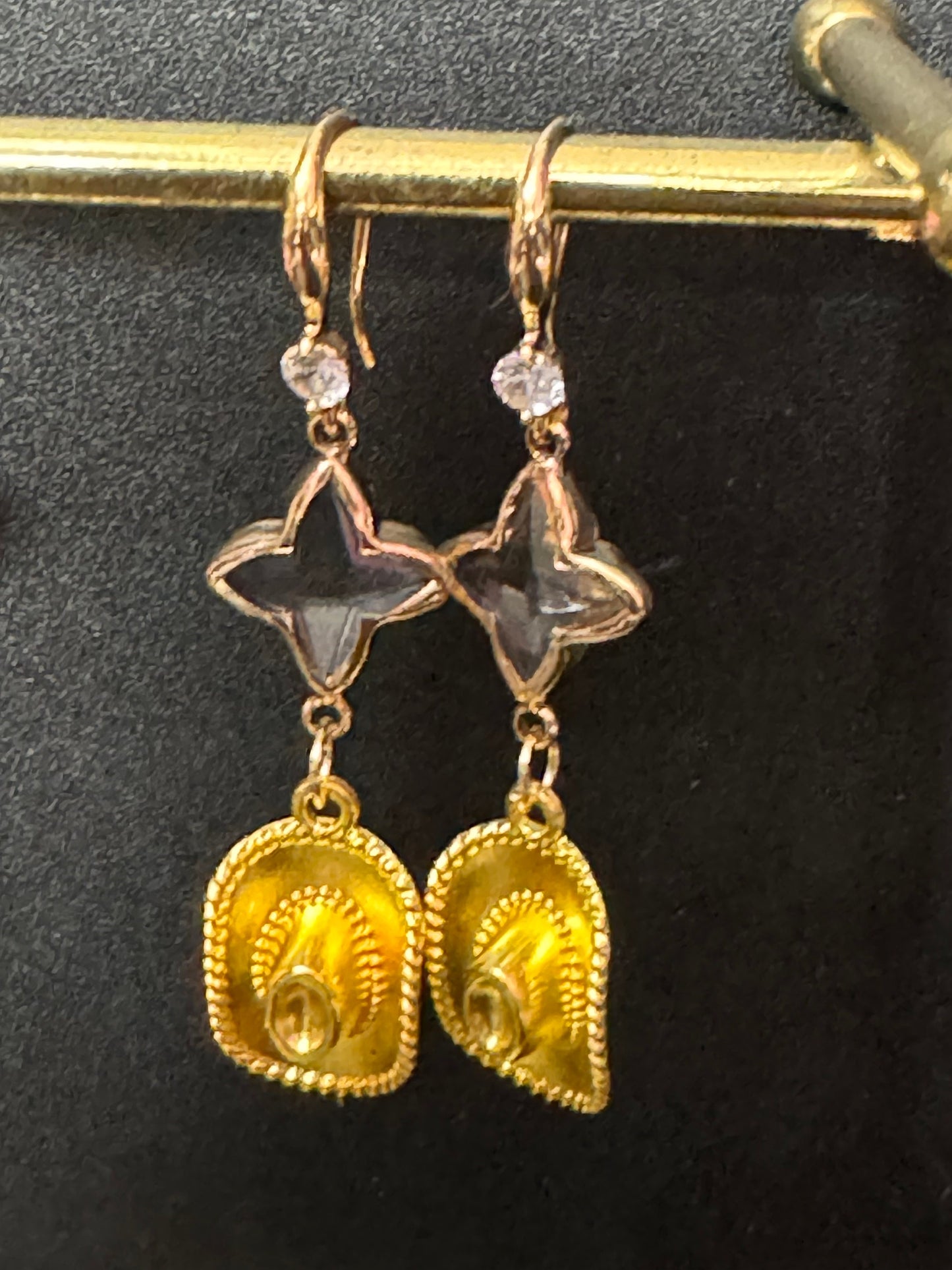 18k gold plated crystal cowboy hat long dangly earrings Yellowstone jewellery pierced