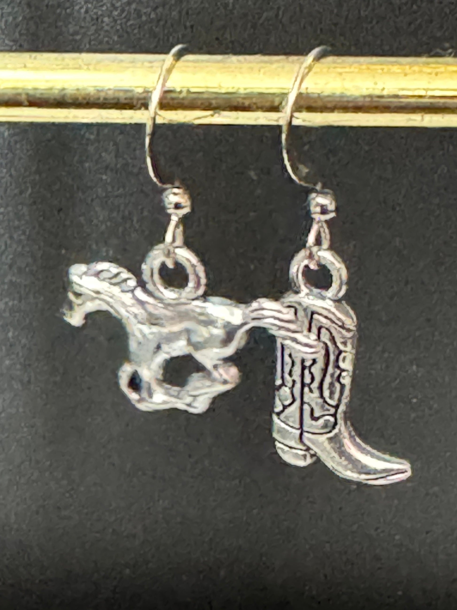 Western 2.0 silver tone mismatched cowboy boots and horse small dangly earrings Dolly Parton jewellery pierced