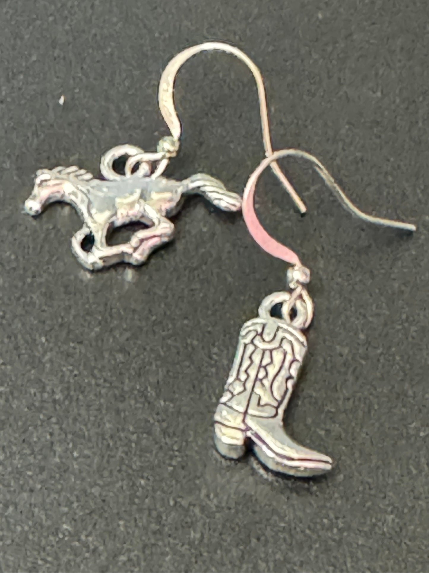 silver tone mismatched cowboy boots and horse small dangly earrings Dolly Parton western jewellery pierced