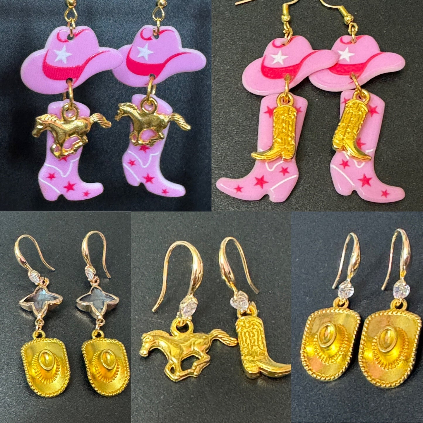 silver tone mismatched cowboy boots and horse small dangly earrings Dolly Parton western jewellery pierced