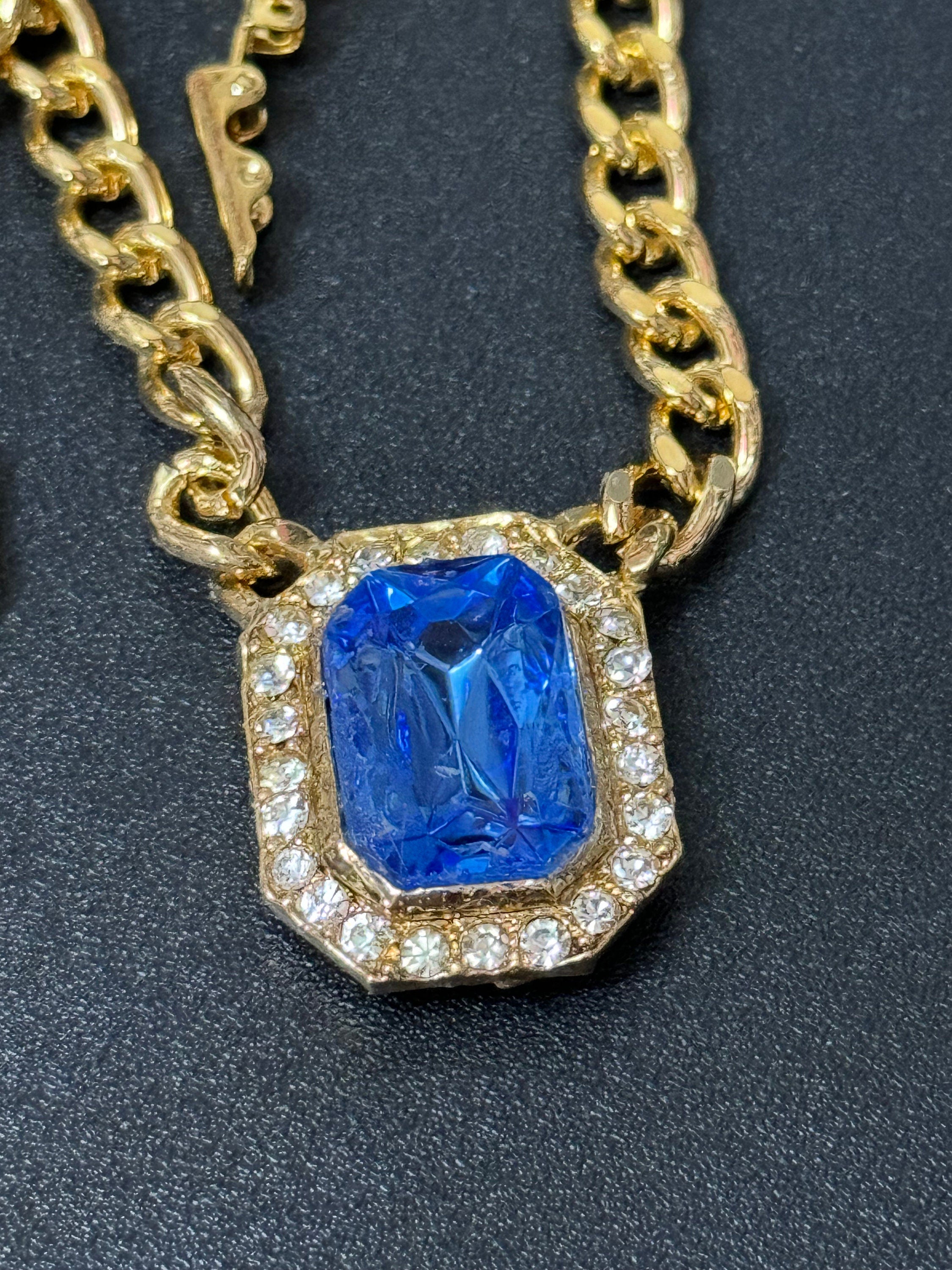 Vintage 1980s Swarovski crystal set sapphire blue and clear diamanté octagonal pendant necklace gold tone high end old shop stock