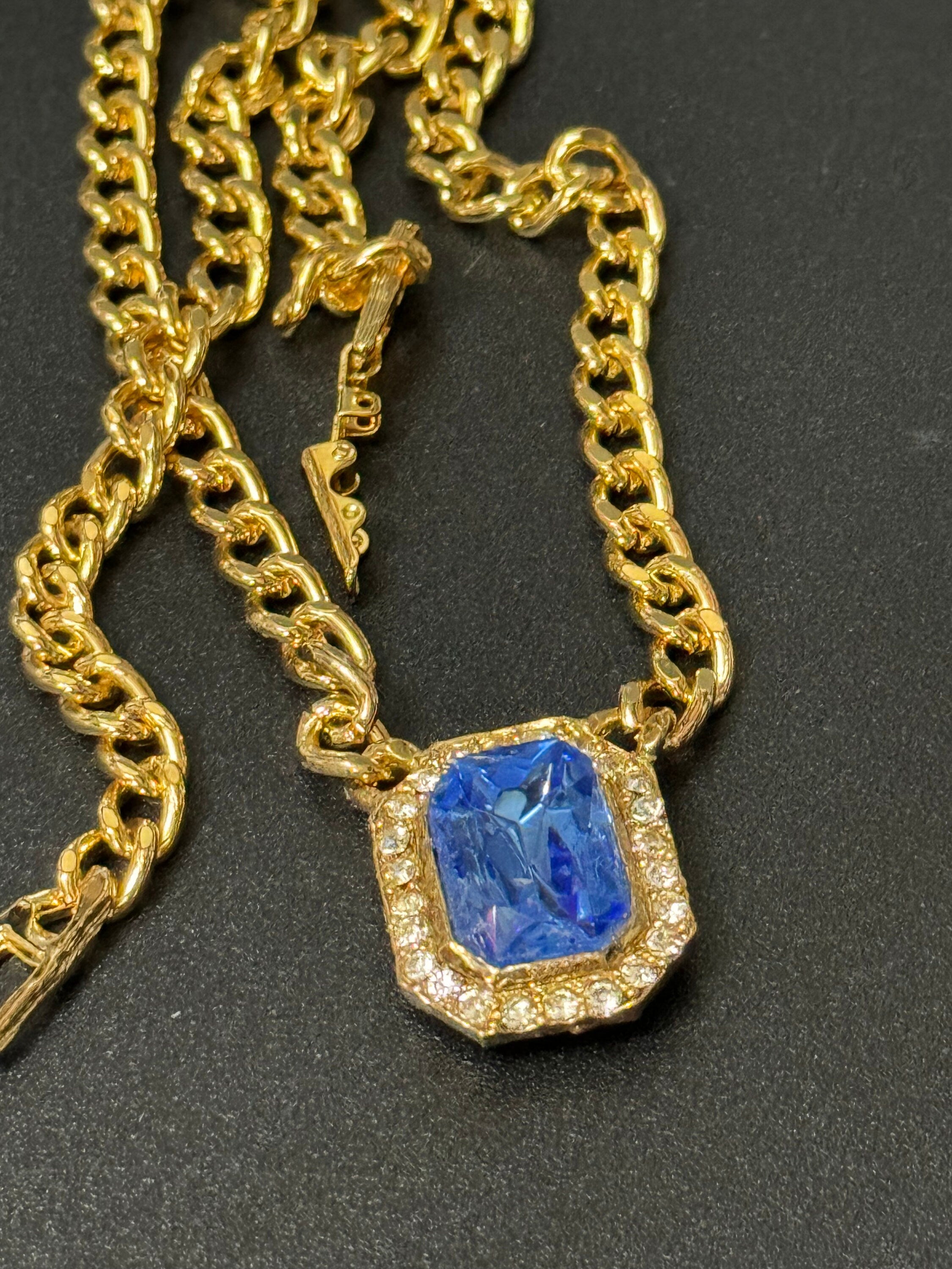 Vintage 1980s Swarovski crystal set sapphire blue and clear diamanté octagonal pendant necklace gold tone high end old shop stock