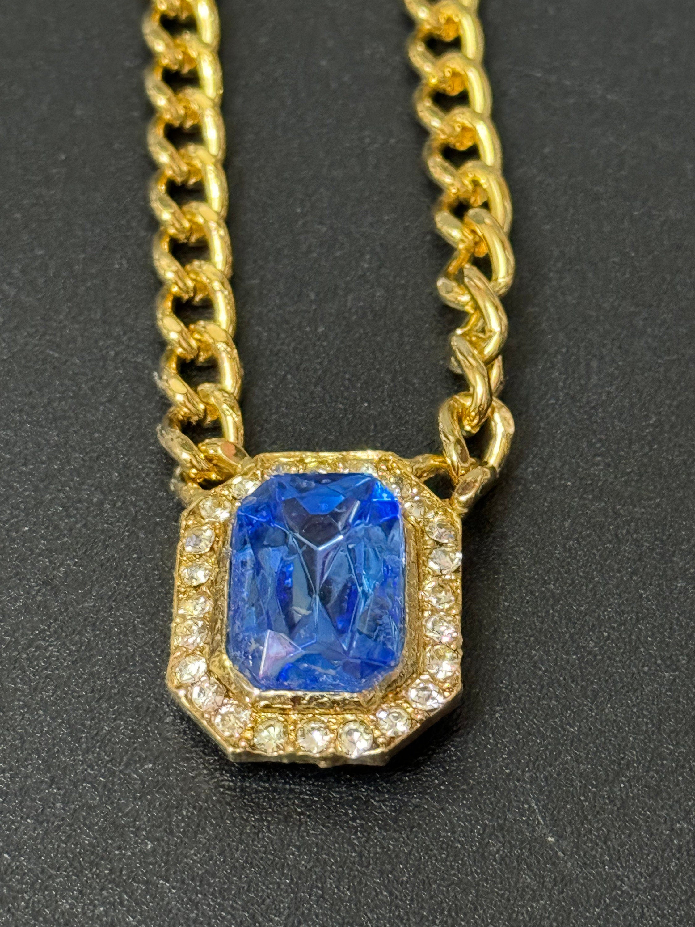 Vintage 1980s Swarovski crystal set sapphire blue and clear diamanté octagonal pendant necklace gold tone high end old shop stock