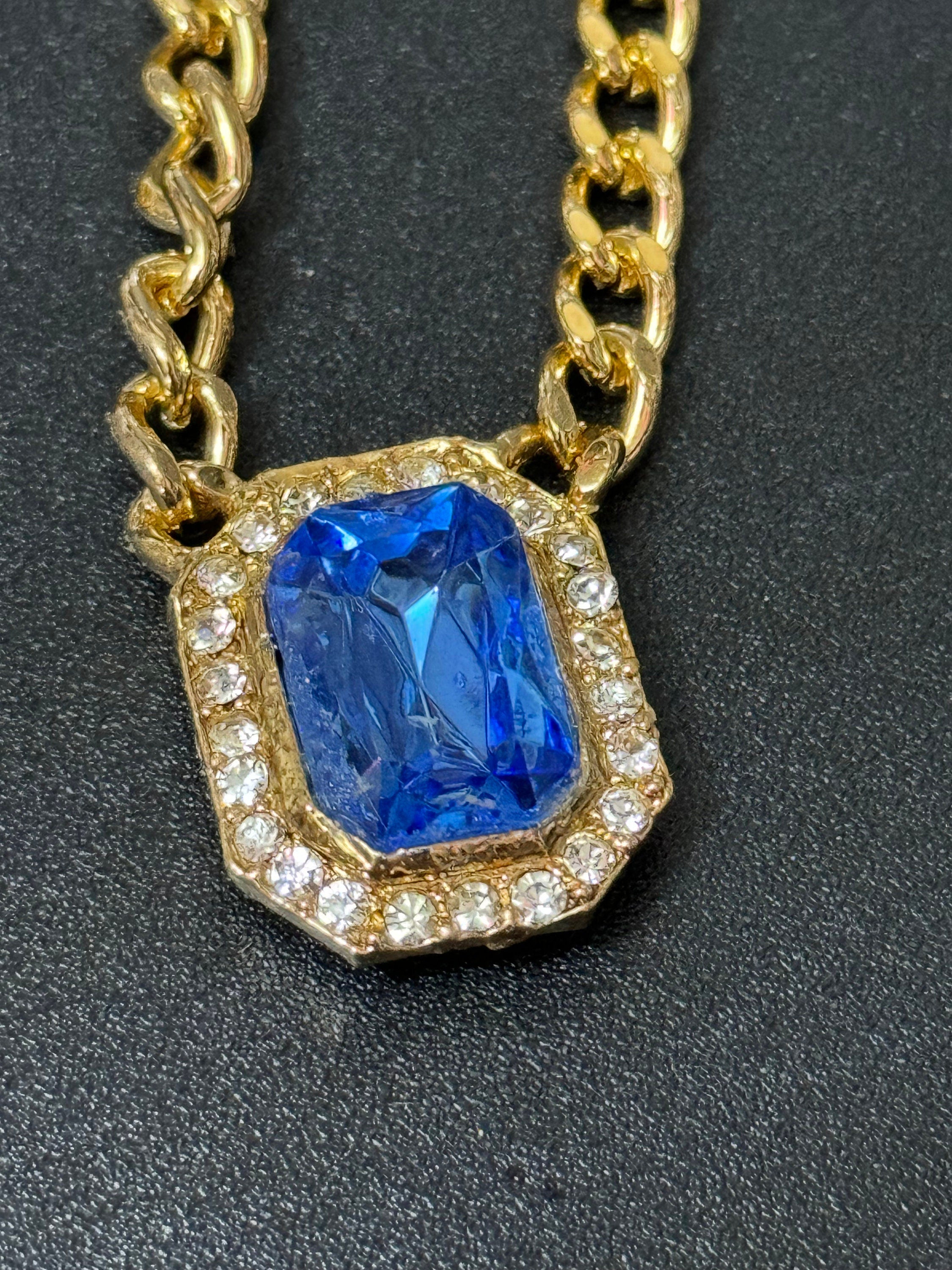 Vintage 1980s Swarovski crystal set sapphire blue and clear diamanté octagonal pendant necklace gold tone high end old shop stock