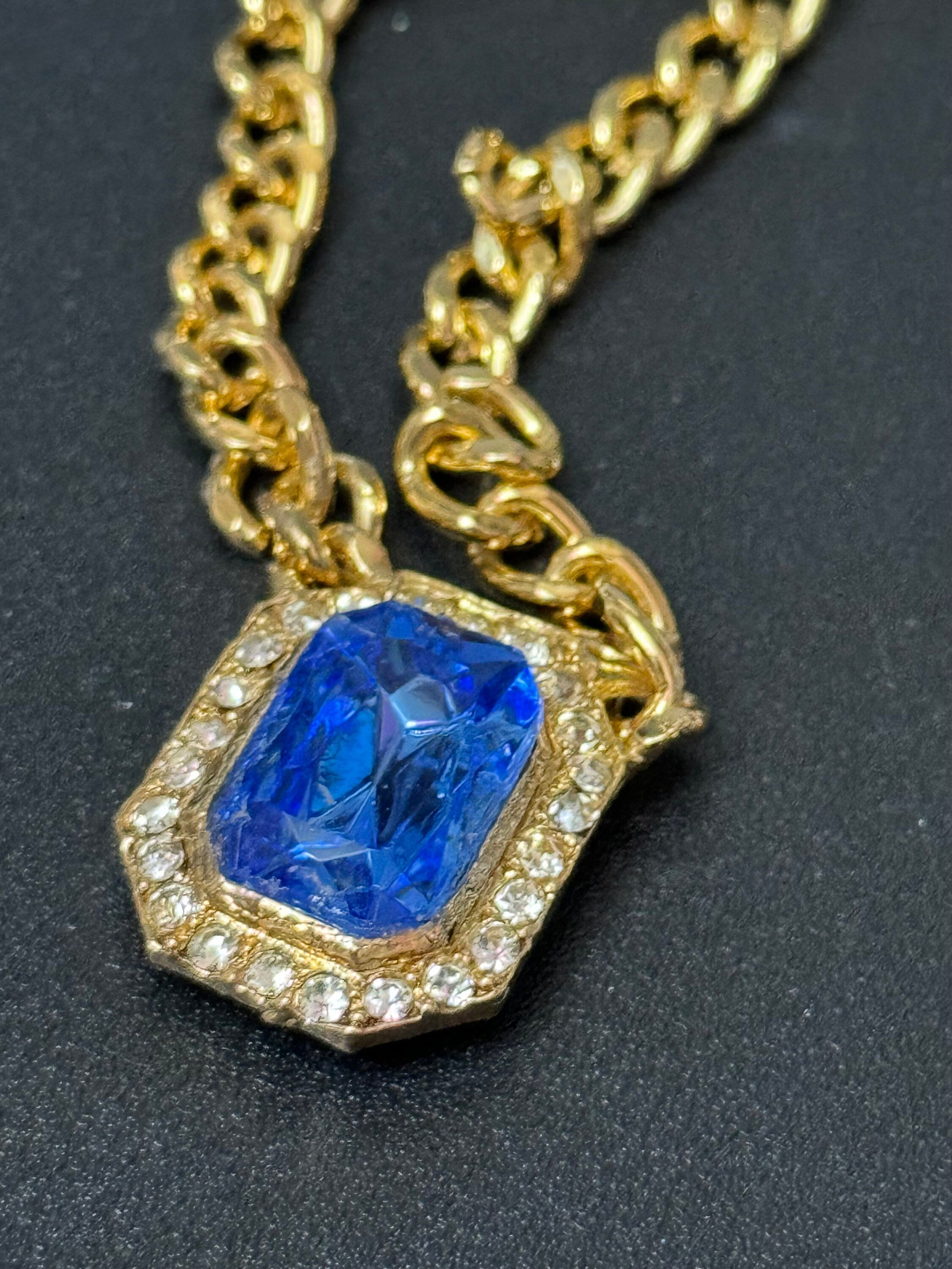 Vintage 1980s Swarovski crystal set sapphire blue and clear diamanté octagonal pendant necklace gold tone high end old shop stock