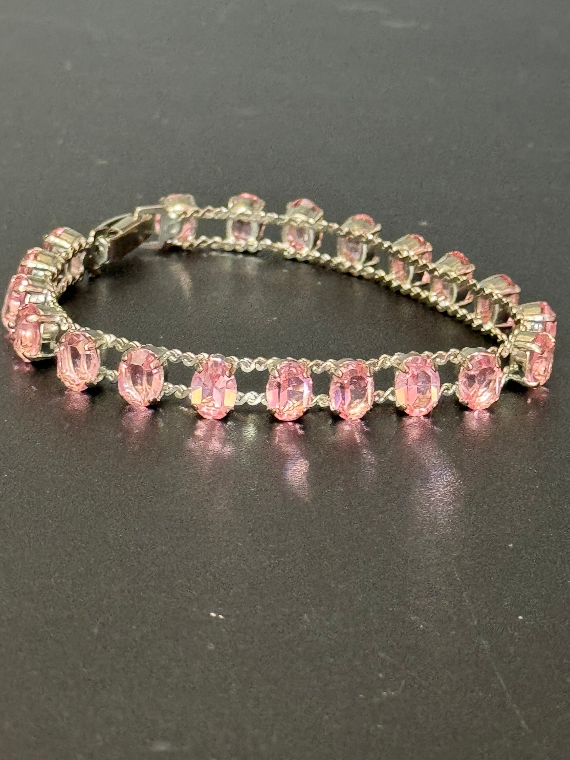 Vintage 19cm long pink oval rhinestone diamanté paste silver tone serpentine tennis bracelet