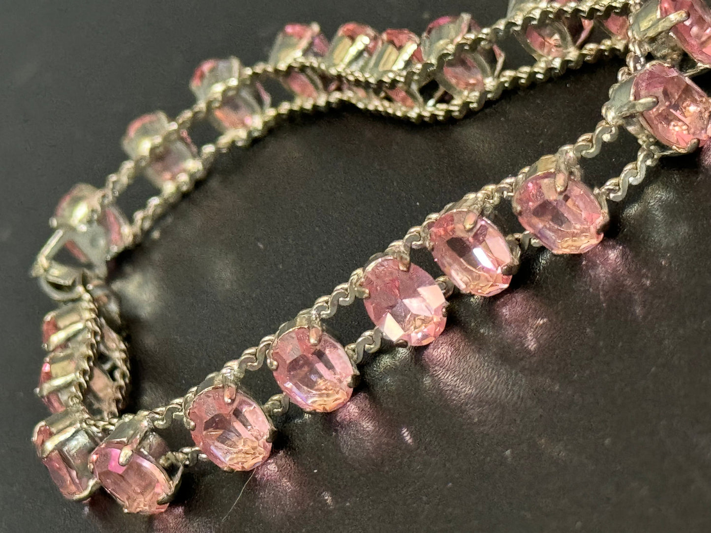 Vintage 19cm long pink oval rhinestone diamanté paste silver tone serpentine tennis bracelet