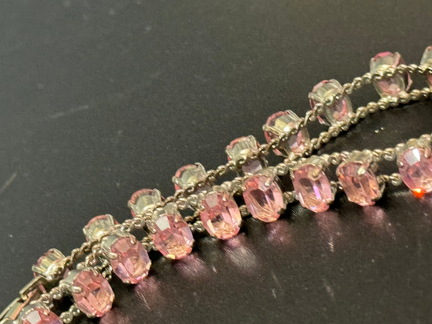 Vintage 19cm long pink oval rhinestone diamanté paste silver tone serpentine tennis bracelet