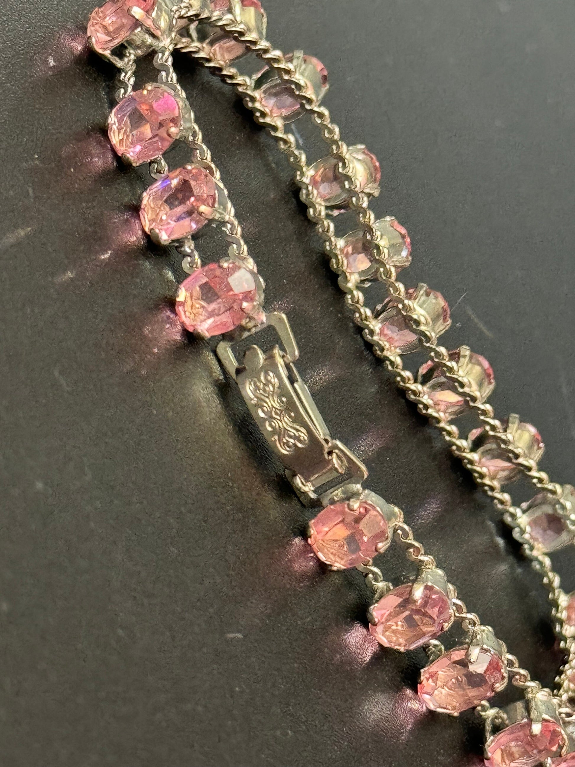 Vintage 19cm long pink oval rhinestone diamanté paste silver tone serpentine tennis bracelet