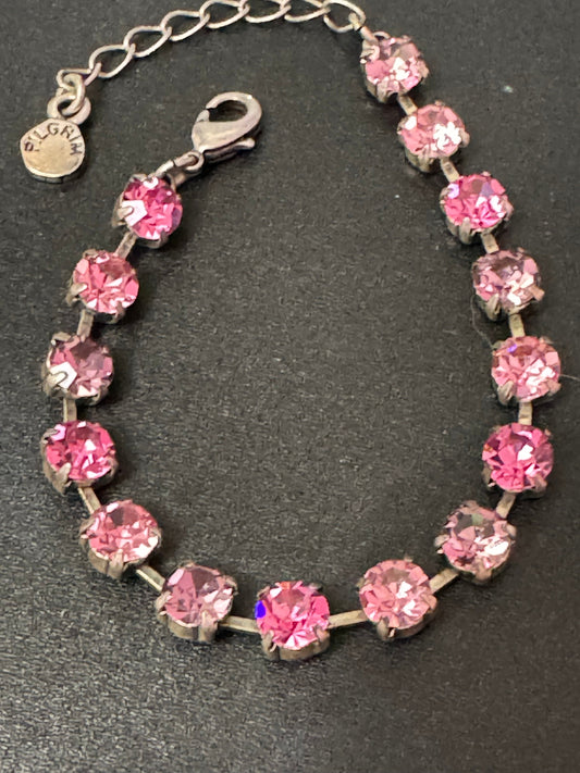 Signed pilgrim Vintage 16-20cm pink rhinestone diamanté paste silver tone tennis bracelet