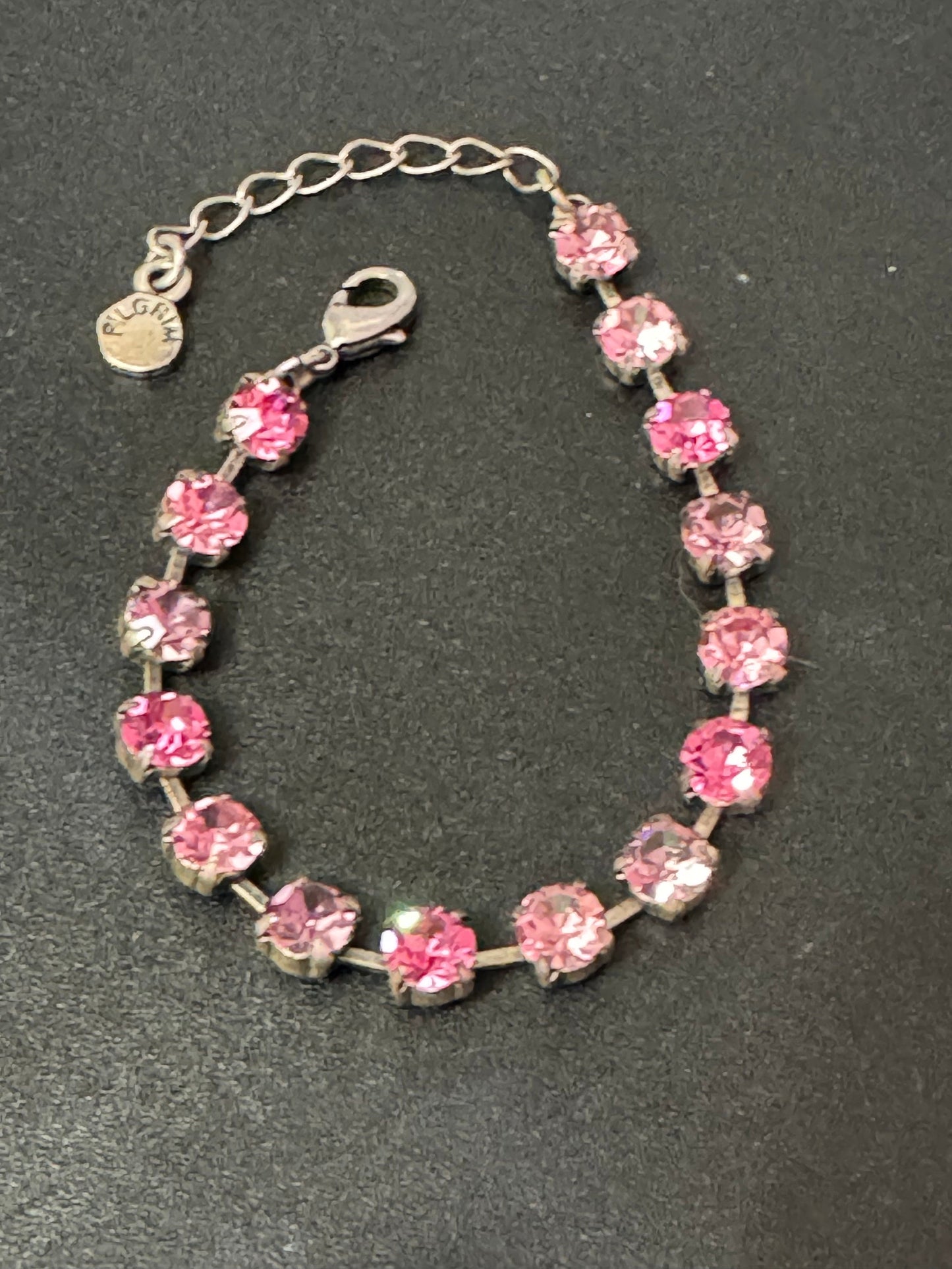 Signed pilgrim Vintage 16-20cm pink rhinestone diamanté paste silver tone tennis bracelet