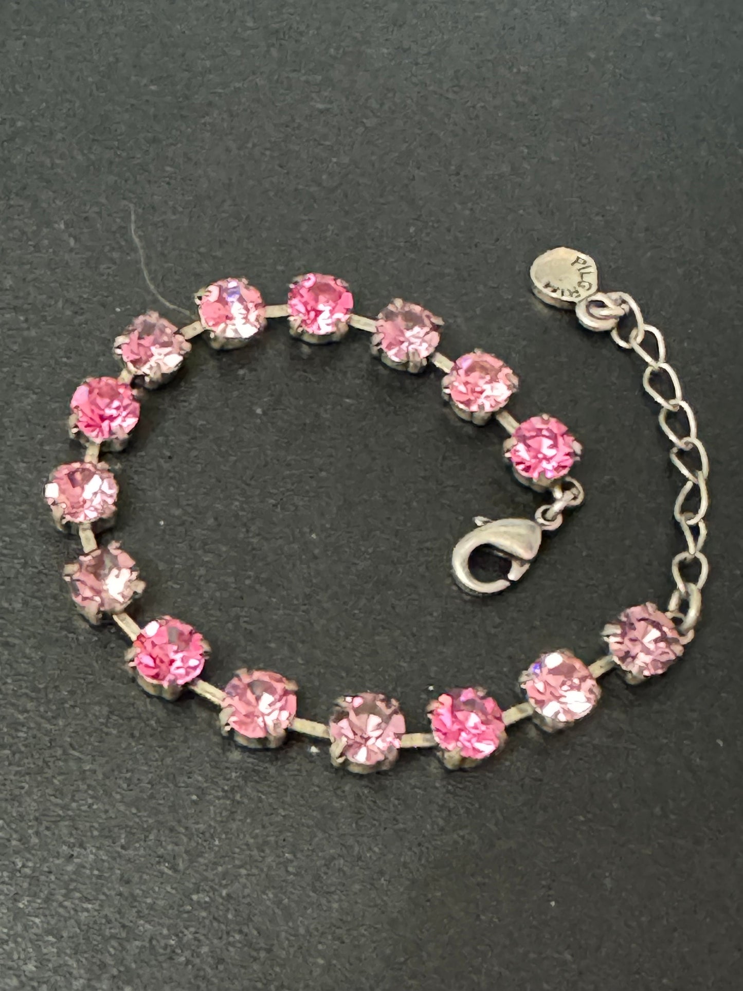 Signed pilgrim Vintage 16-20cm pink rhinestone diamanté paste silver tone tennis bracelet