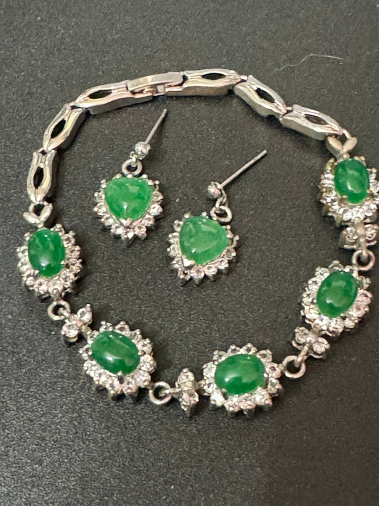 retro emerald green jade cabochon diamanté Crystal silver tone tennis bracelet and matching heart earrings pierced