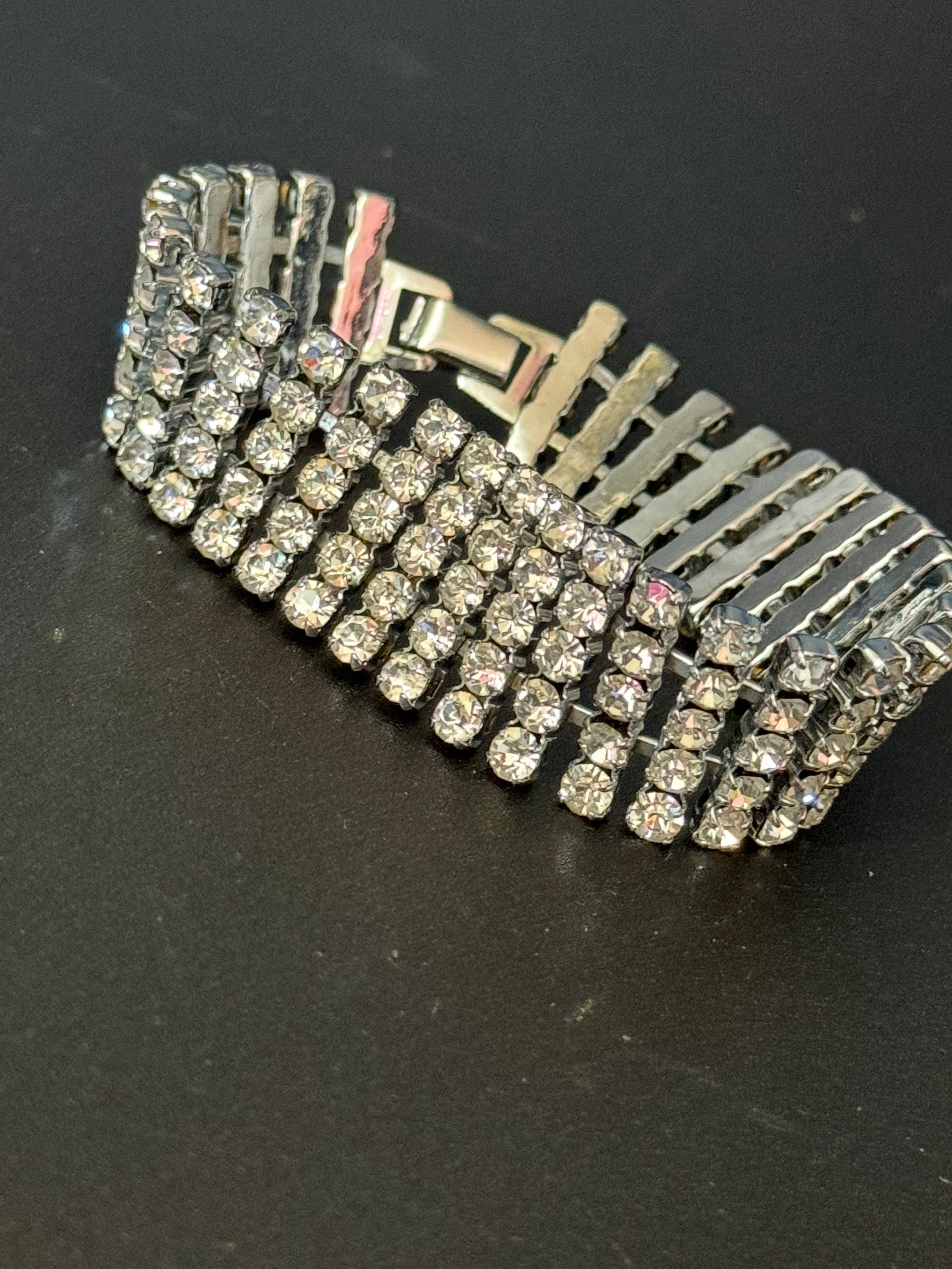 Vintage wide clear Diamanté silver tone rhinestone set cocktail Bracelet 18cm x 2cm