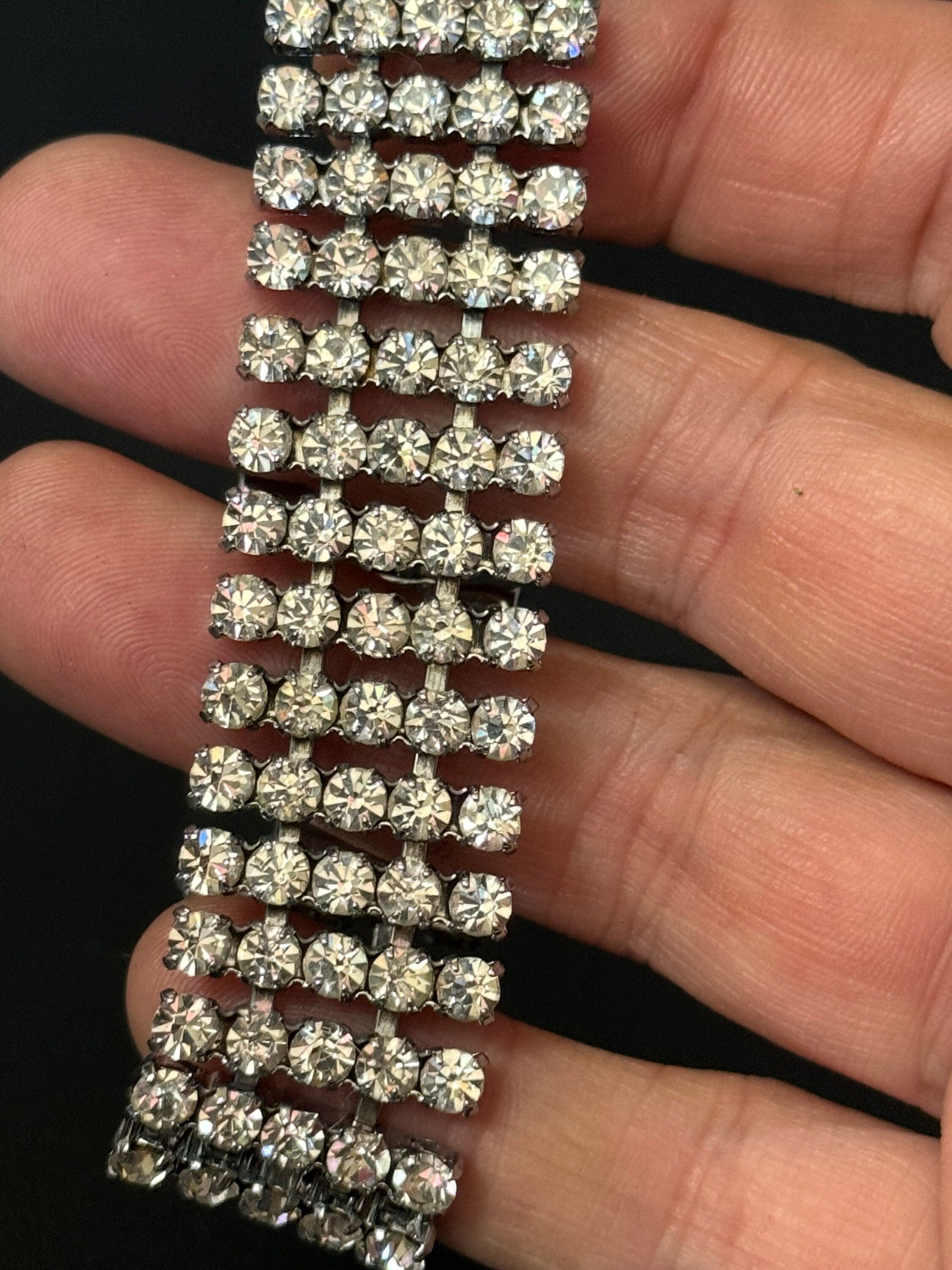 Vintage wide clear Diamanté silver tone rhinestone set cocktail Bracelet 18cm x 2cm