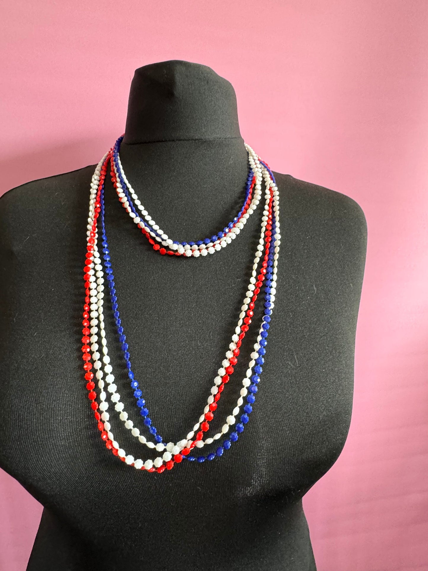 1960s patriotic USA UK France red white blue fixed plastic beaded Multistrand long necklaces