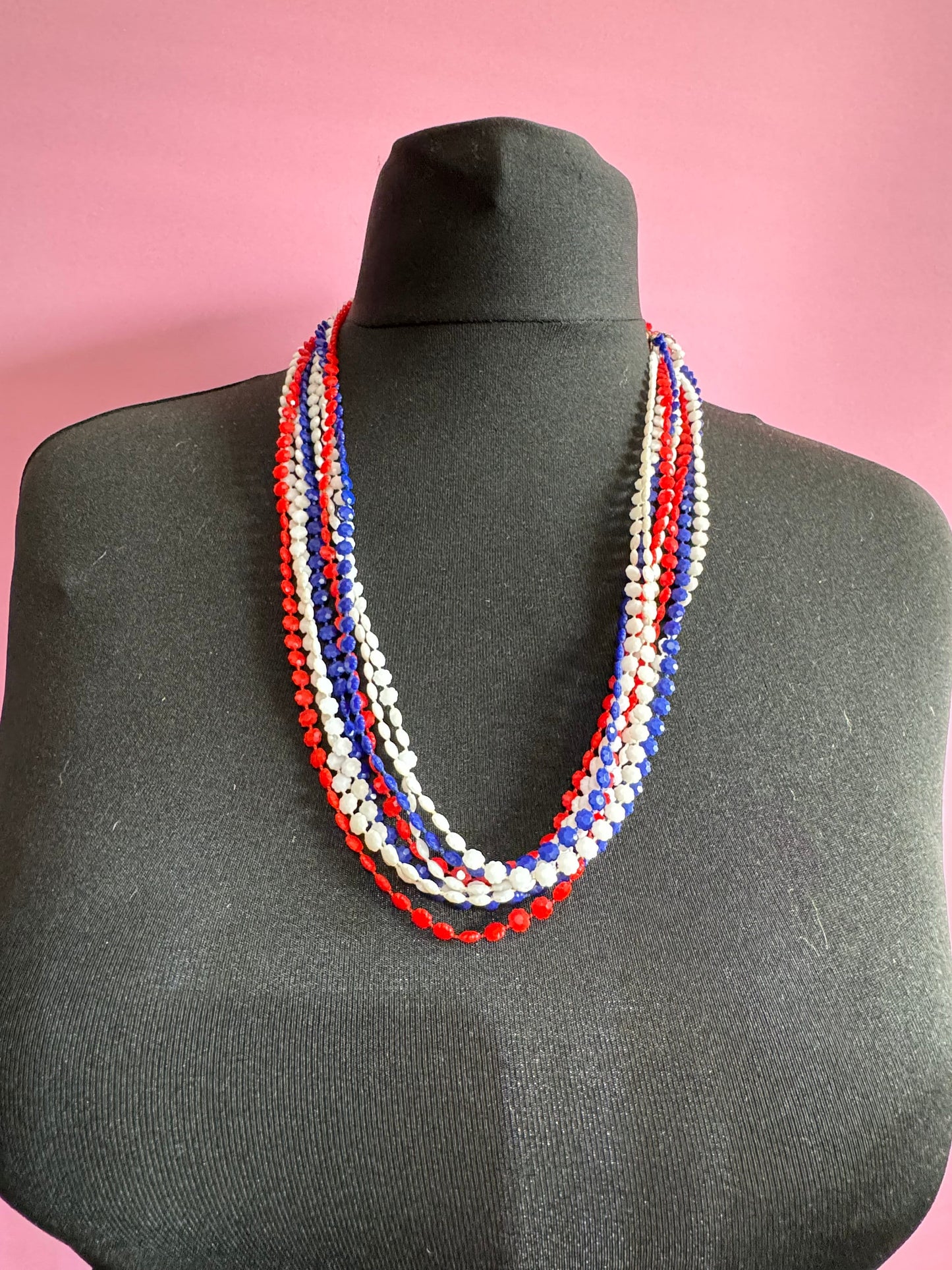 1960s patriotic USA UK France red white blue fixed plastic beaded Multistrand long necklaces