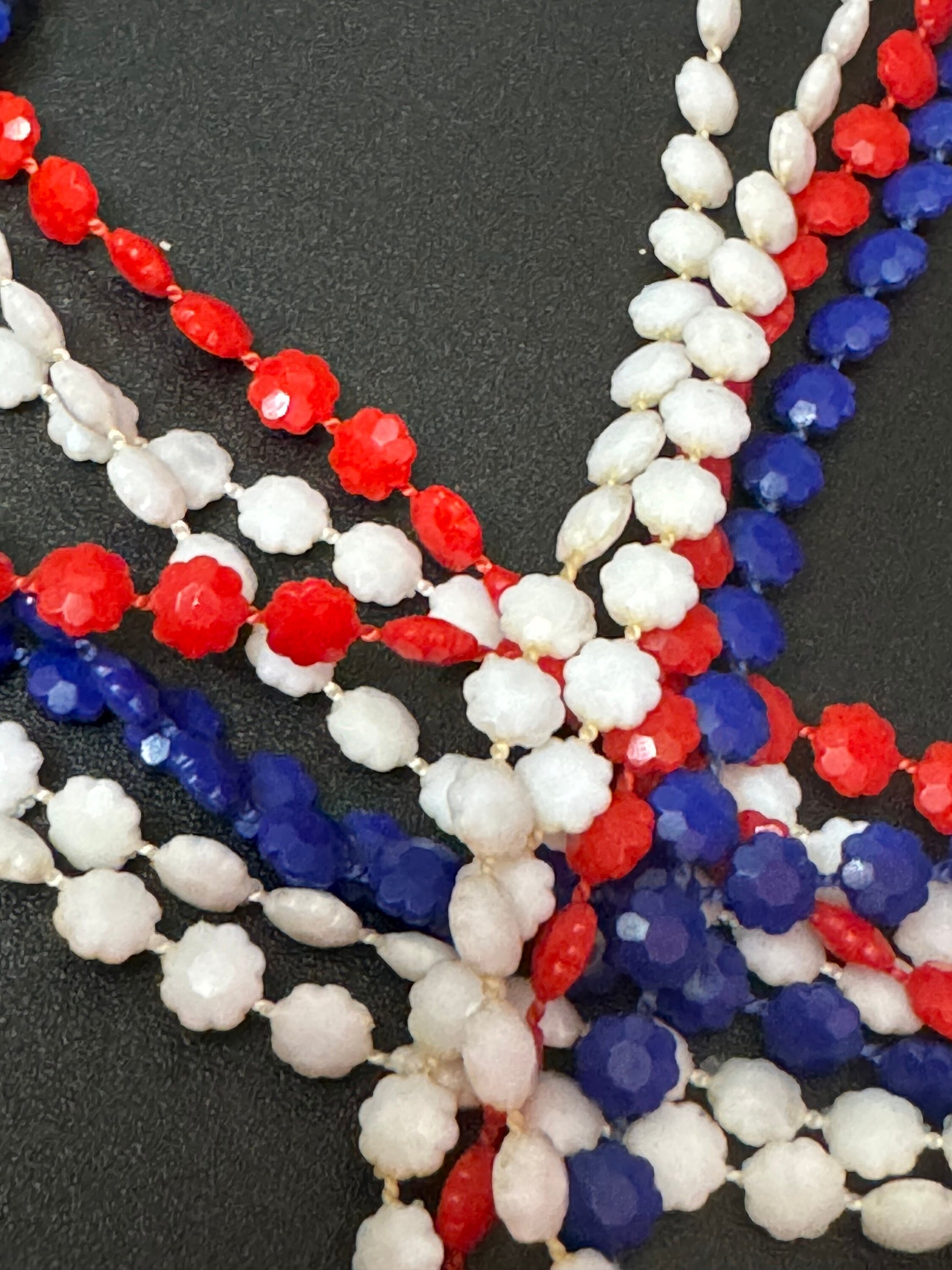 1960s patriotic USA UK France red white blue fixed plastic beaded Multistrand long necklaces