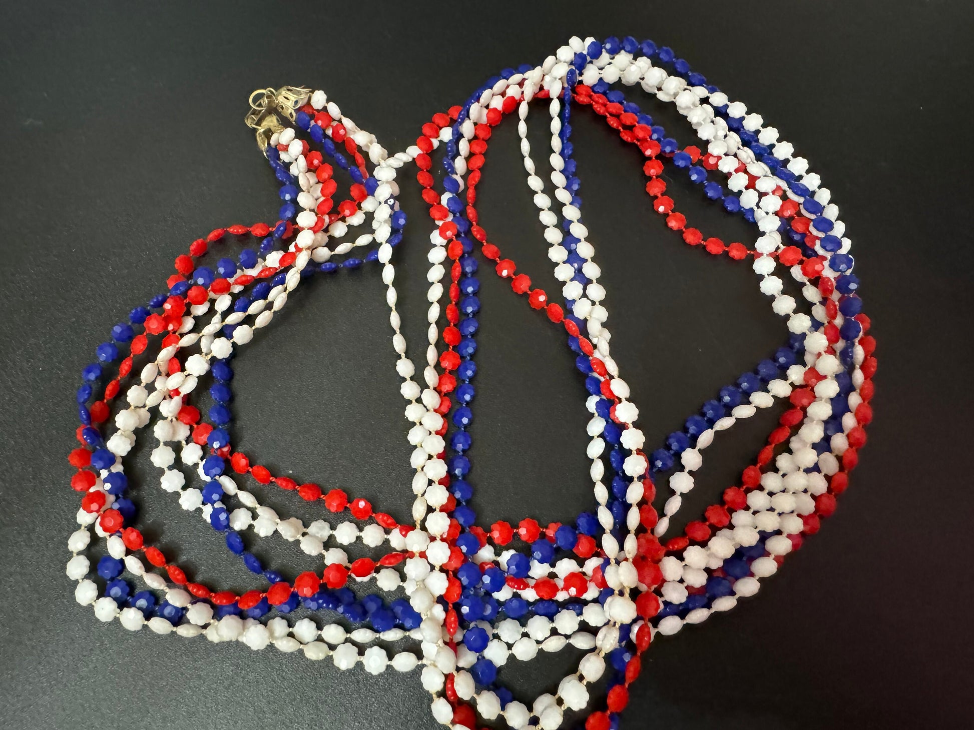 1960s patriotic USA UK France red white blue fixed plastic beaded Multistrand long necklaces